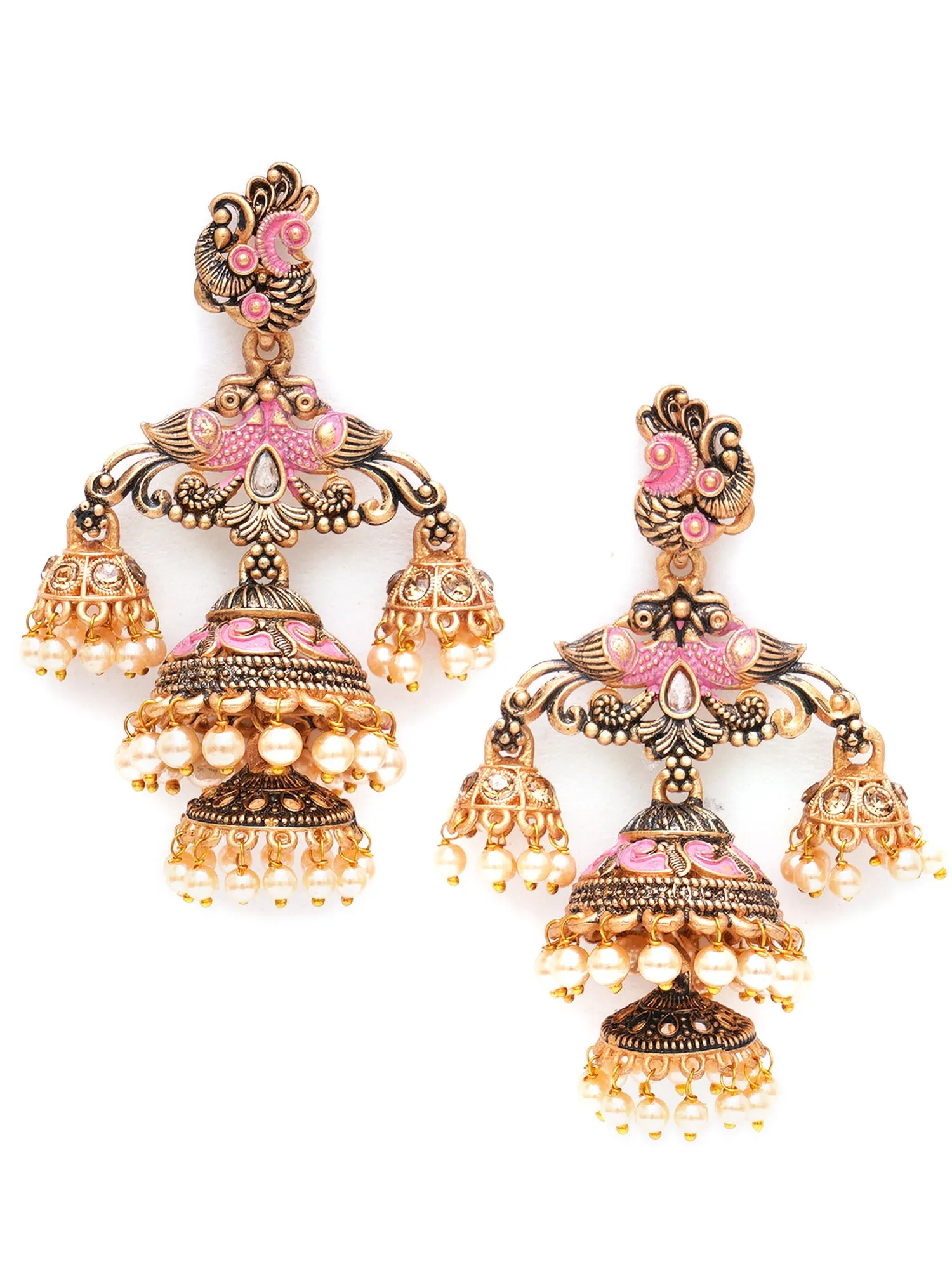 Karatcart Gold Plated Pink Meena Double Jhumki Earrings for Women