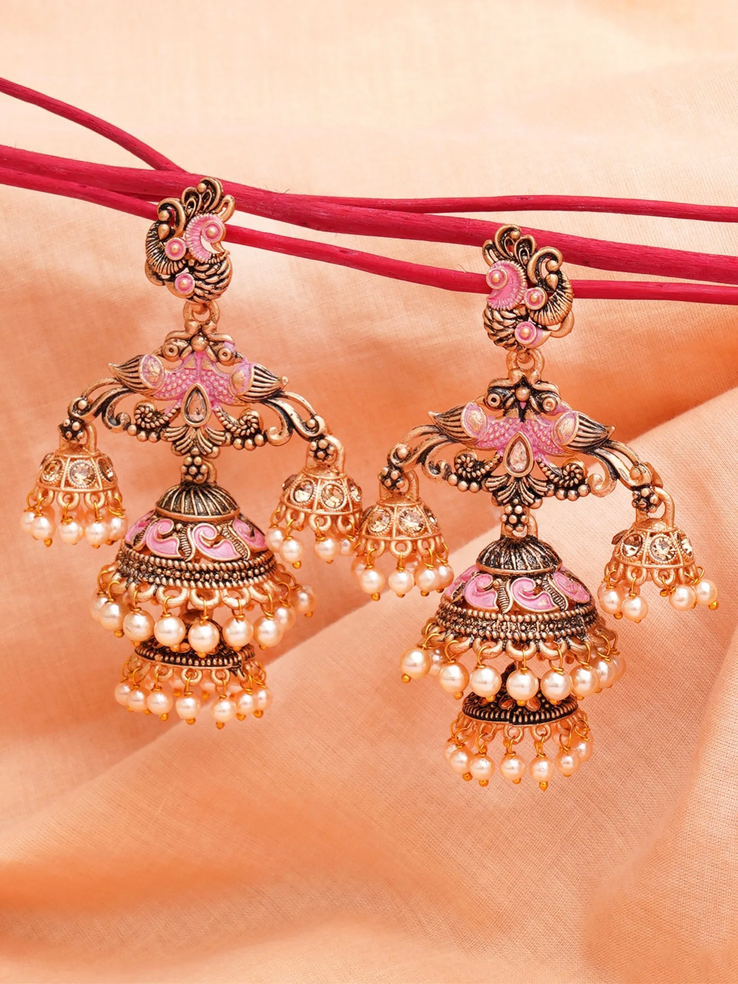 Karatcart Gold Plated Pink Meena Double Jhumki Earrings for Women