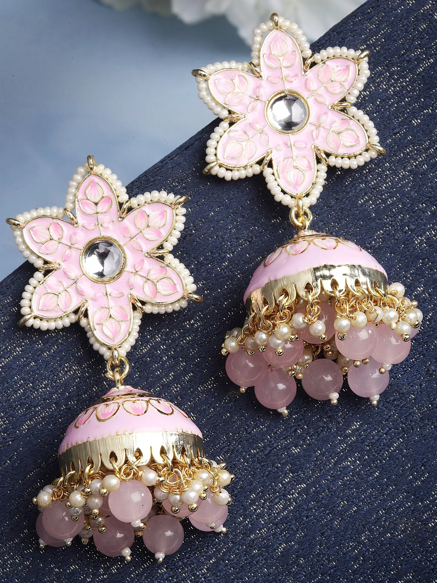 Karatcart Gold Plated Pink Meena Floral Shape Kundan Jhumki Earrings for Women