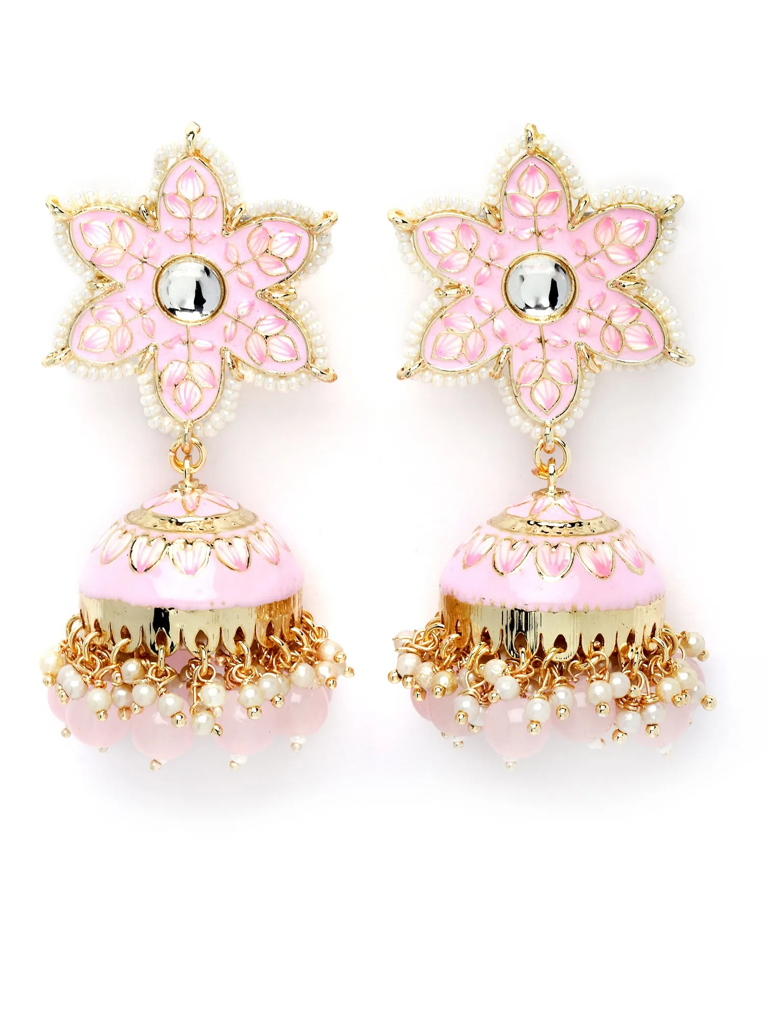 Karatcart Gold Plated Pink Meena Floral Shape Kundan Jhumki Earrings for Women
