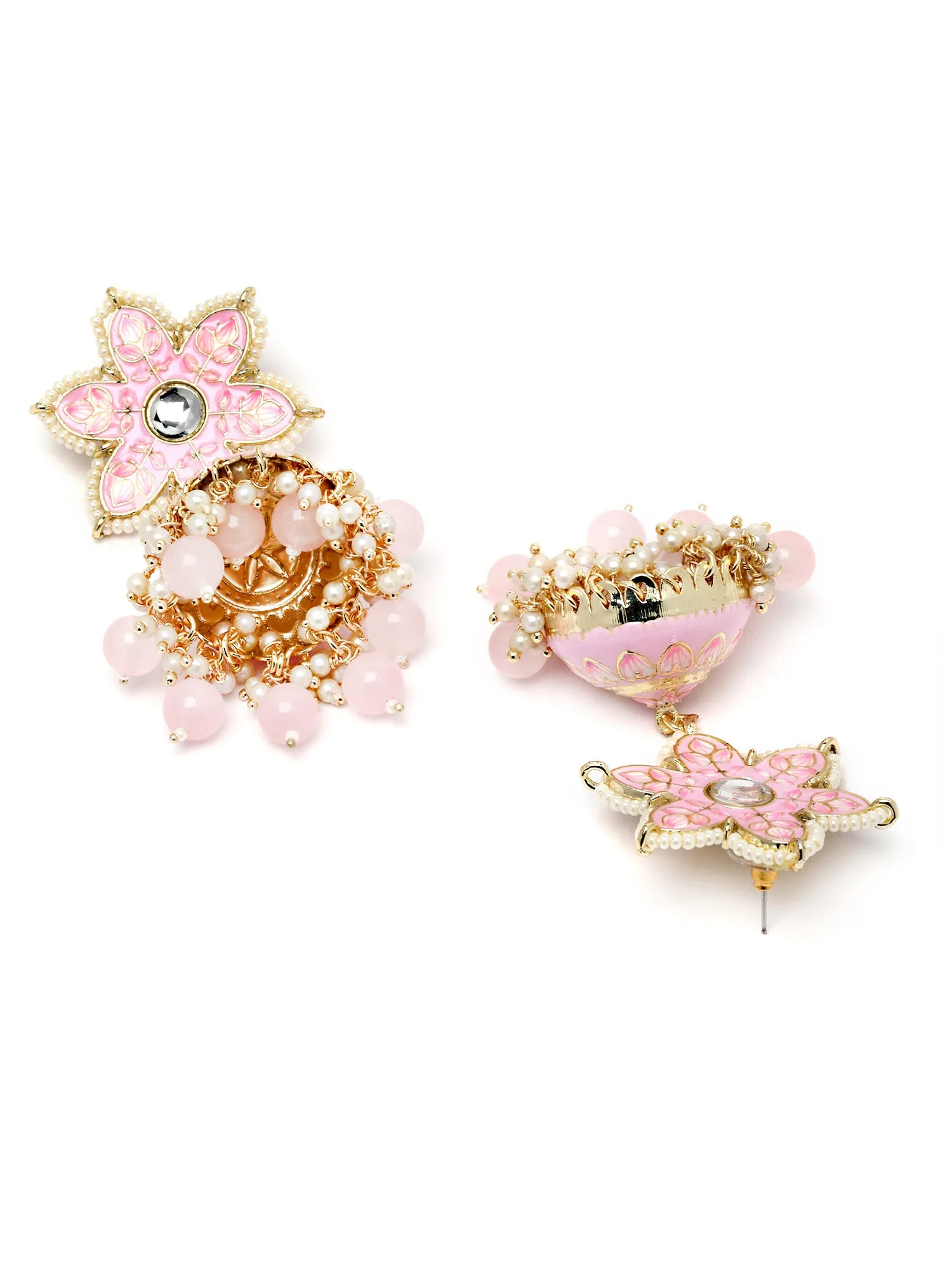 Karatcart Gold Plated Pink Meena Floral Shape Kundan Jhumki Earrings for Women