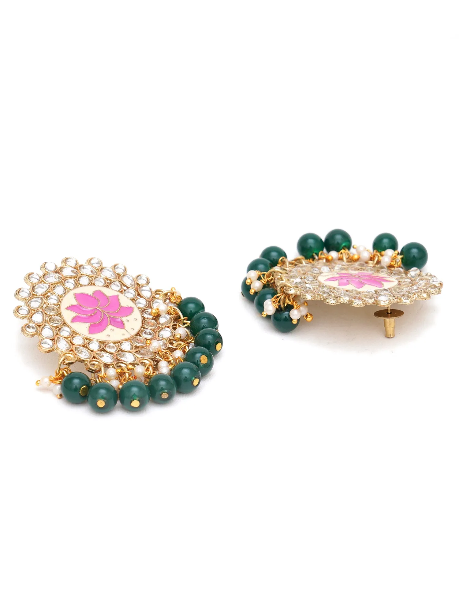 Karatcart Gold Plated Pink Meena Green Beads Kundan Stud Earrings for Women