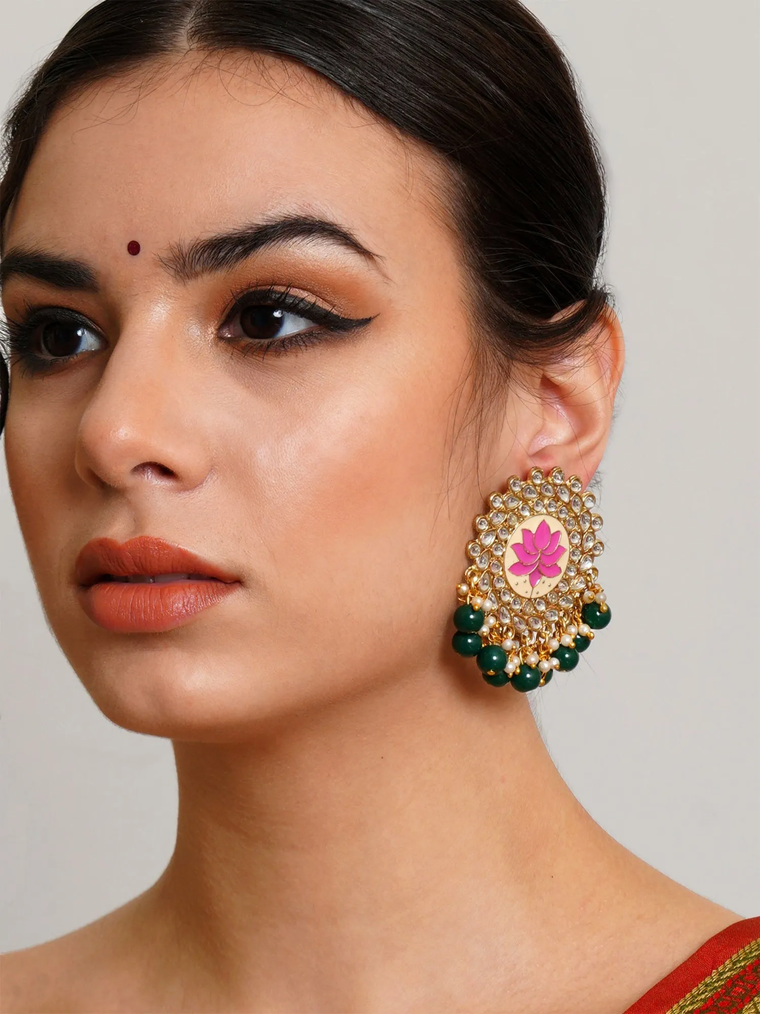 Karatcart Gold Plated Pink Meena Green Beads Kundan Stud Earrings for Women