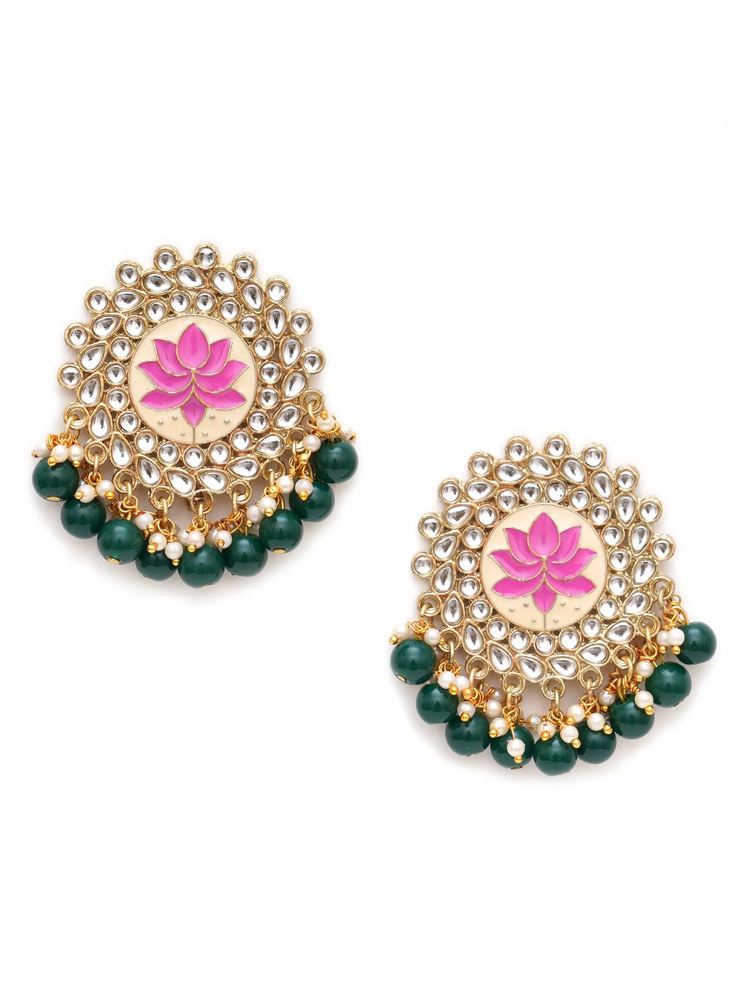 Karatcart Gold Plated Pink Meena Green Beads Kundan Stud Earrings for Women