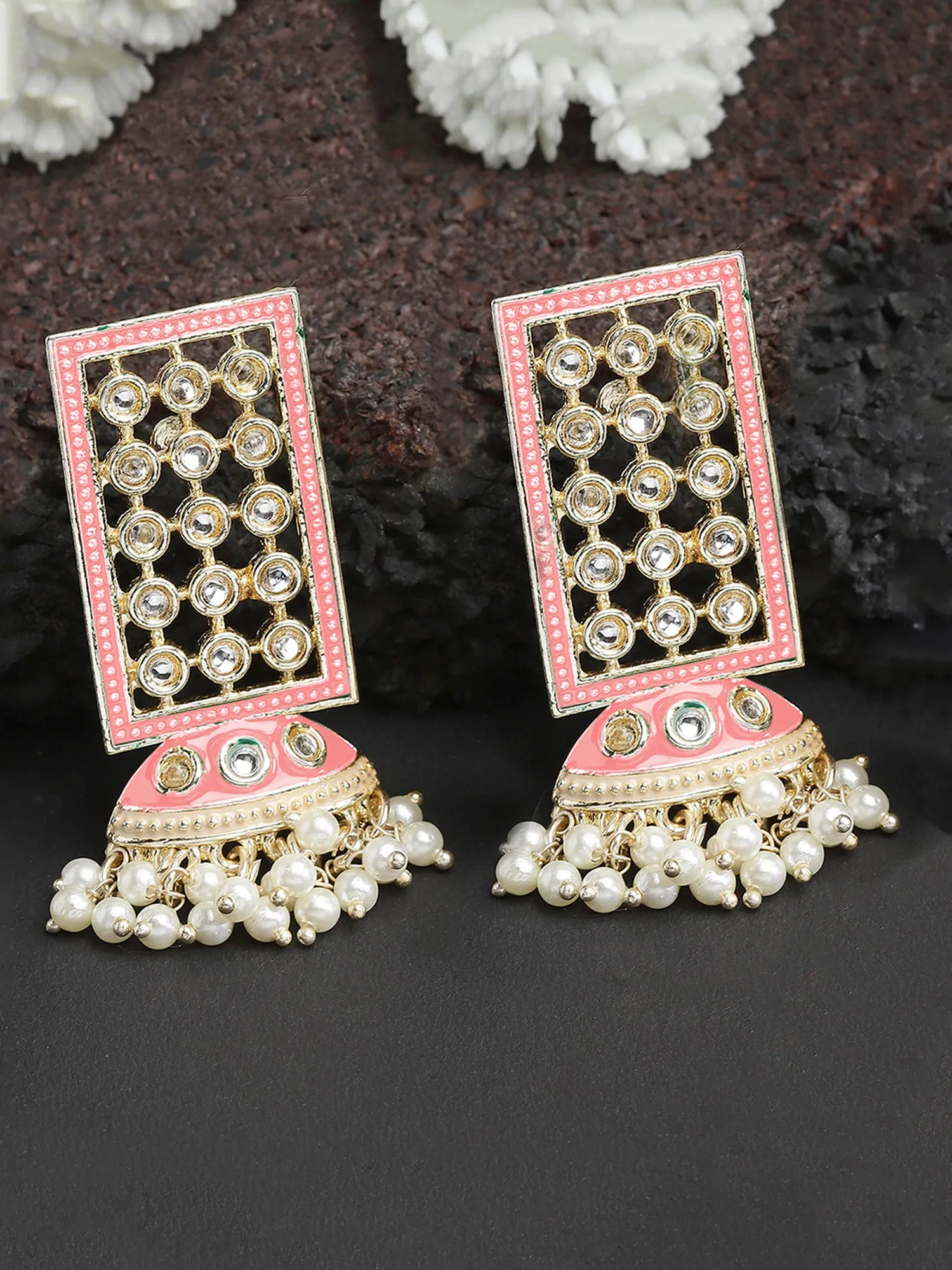 Karatcart Gold Plated Pink Meena Kundan Drop Earrings for Women