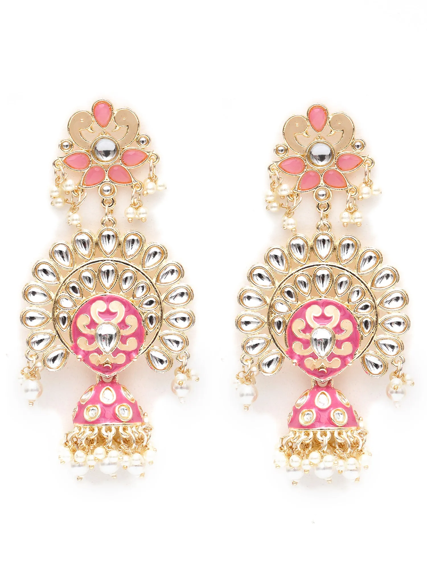 Karatcart Gold Plated Pink Meena Kundan Studded Dangler Jhumki Earrings for Women
