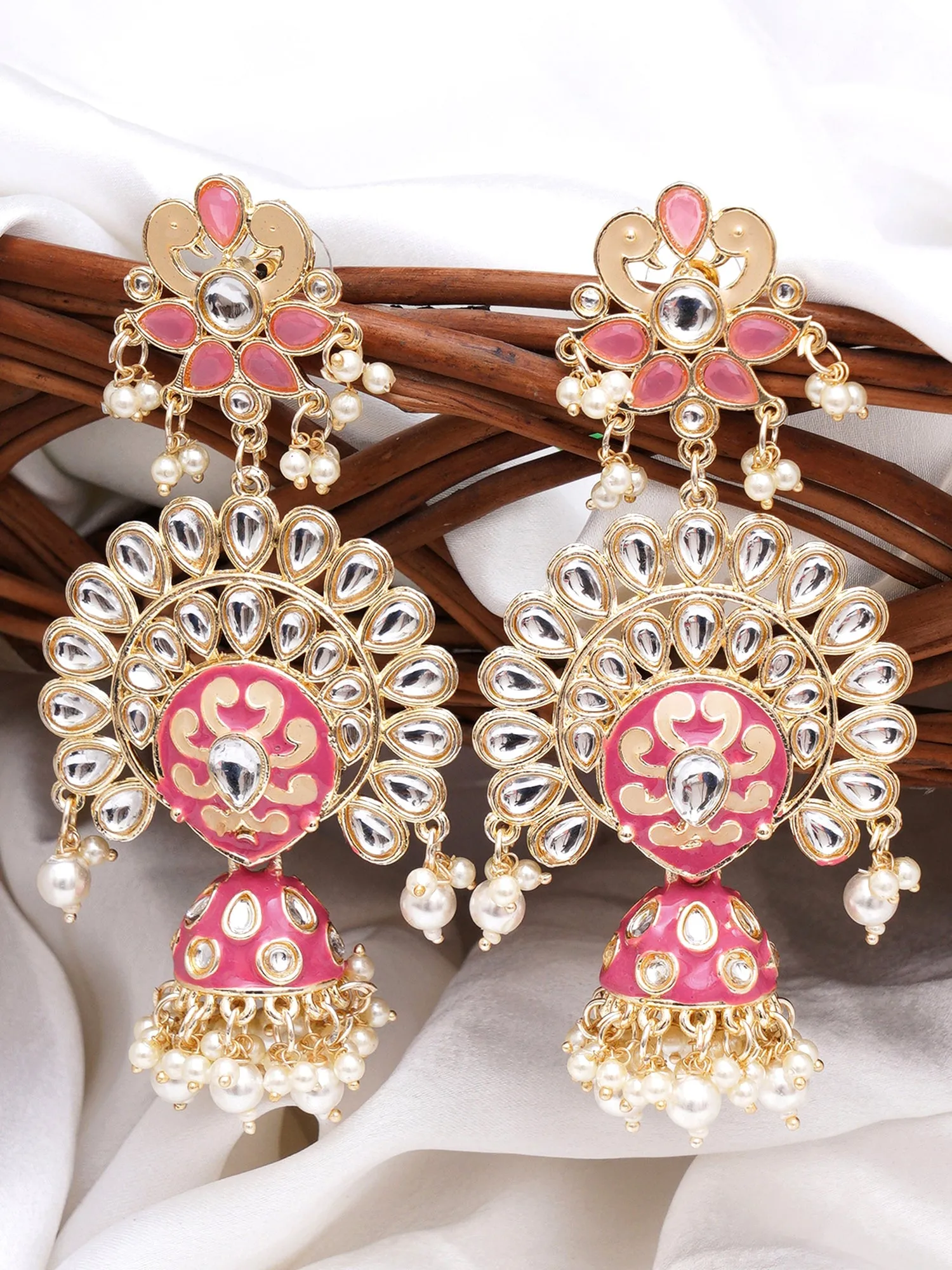 Karatcart Gold Plated Pink Meena Kundan Studded Dangler Jhumki Earrings for Women