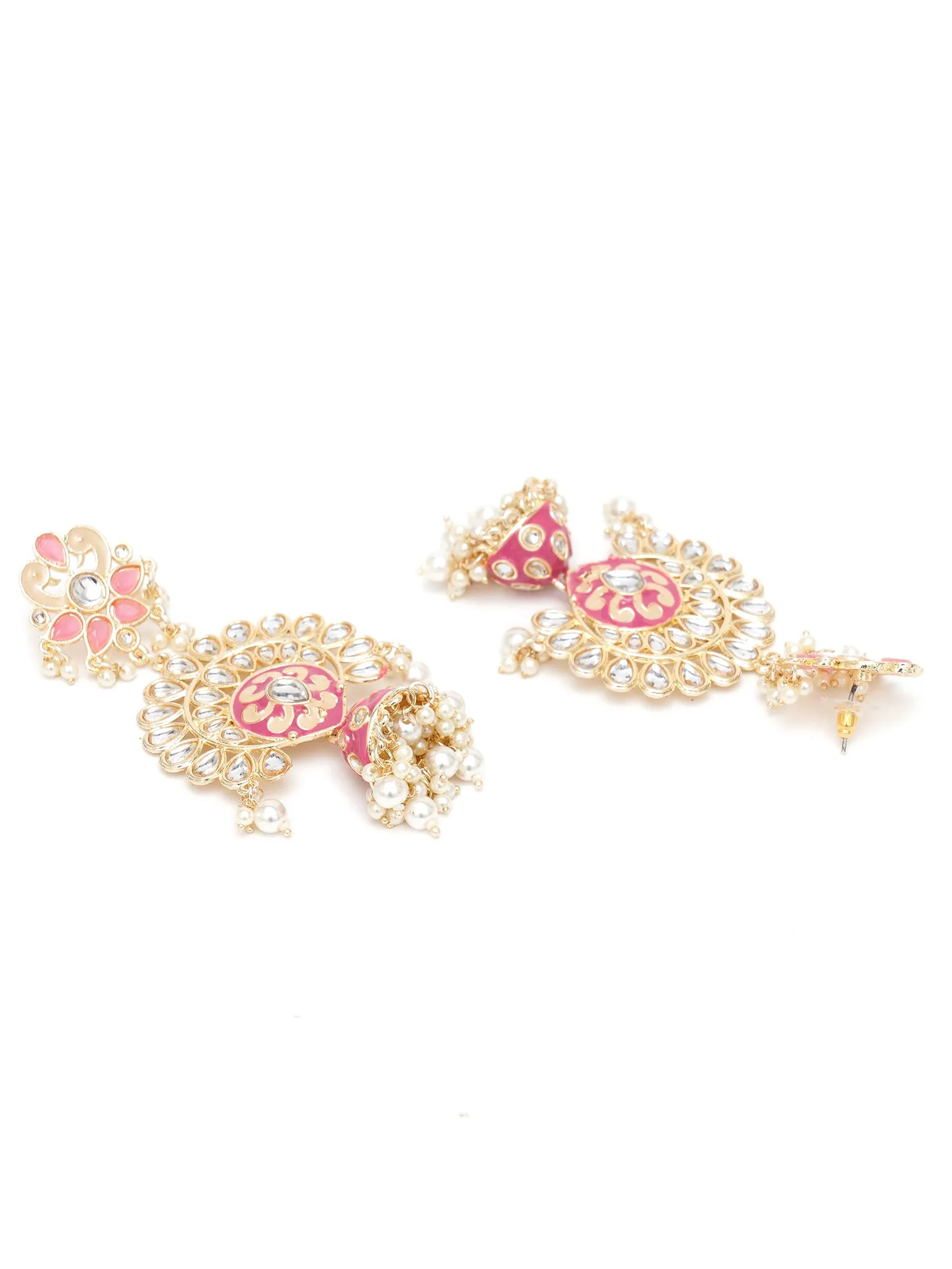 Karatcart Gold Plated Pink Meena Kundan Studded Dangler Jhumki Earrings for Women