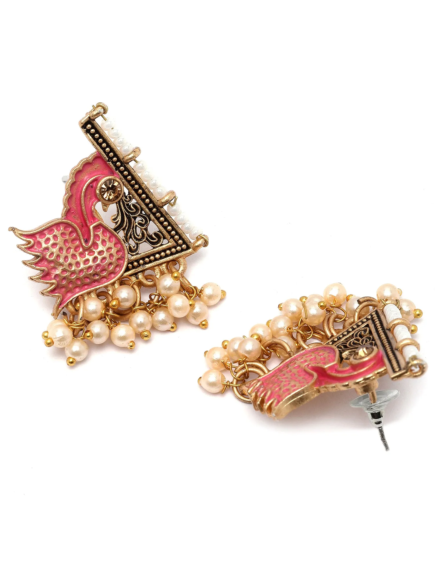 Karatcart Gold Plated Pink Meena Peacock Design Stud Earrings for Women