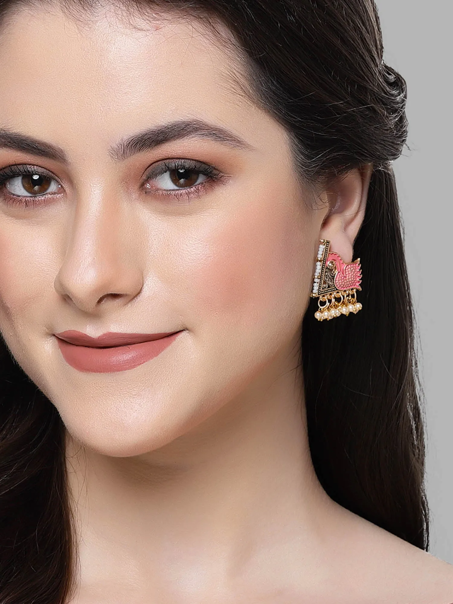 Karatcart Gold Plated Pink Meena Peacock Design Stud Earrings for Women