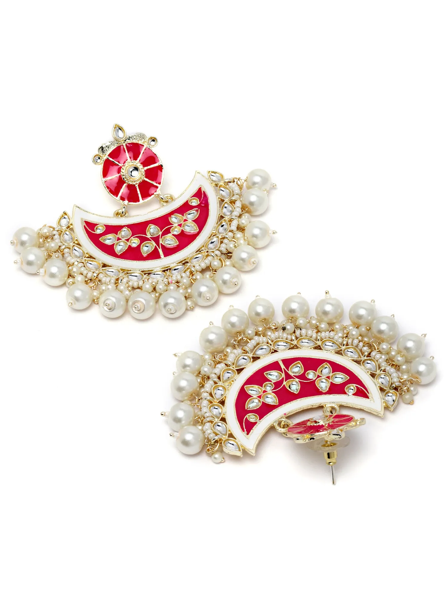 Karatcart Gold Plated Pink Meena Pearl and Kundan Studded Chandbali Earrings for Women