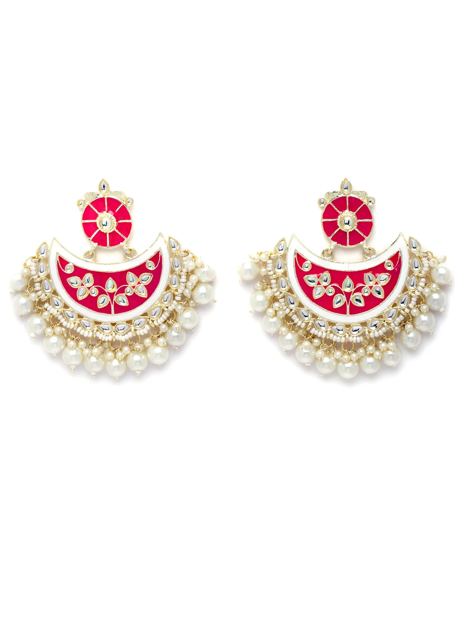 Karatcart Gold Plated Pink Meena Pearl and Kundan Studded Chandbali Earrings for Women