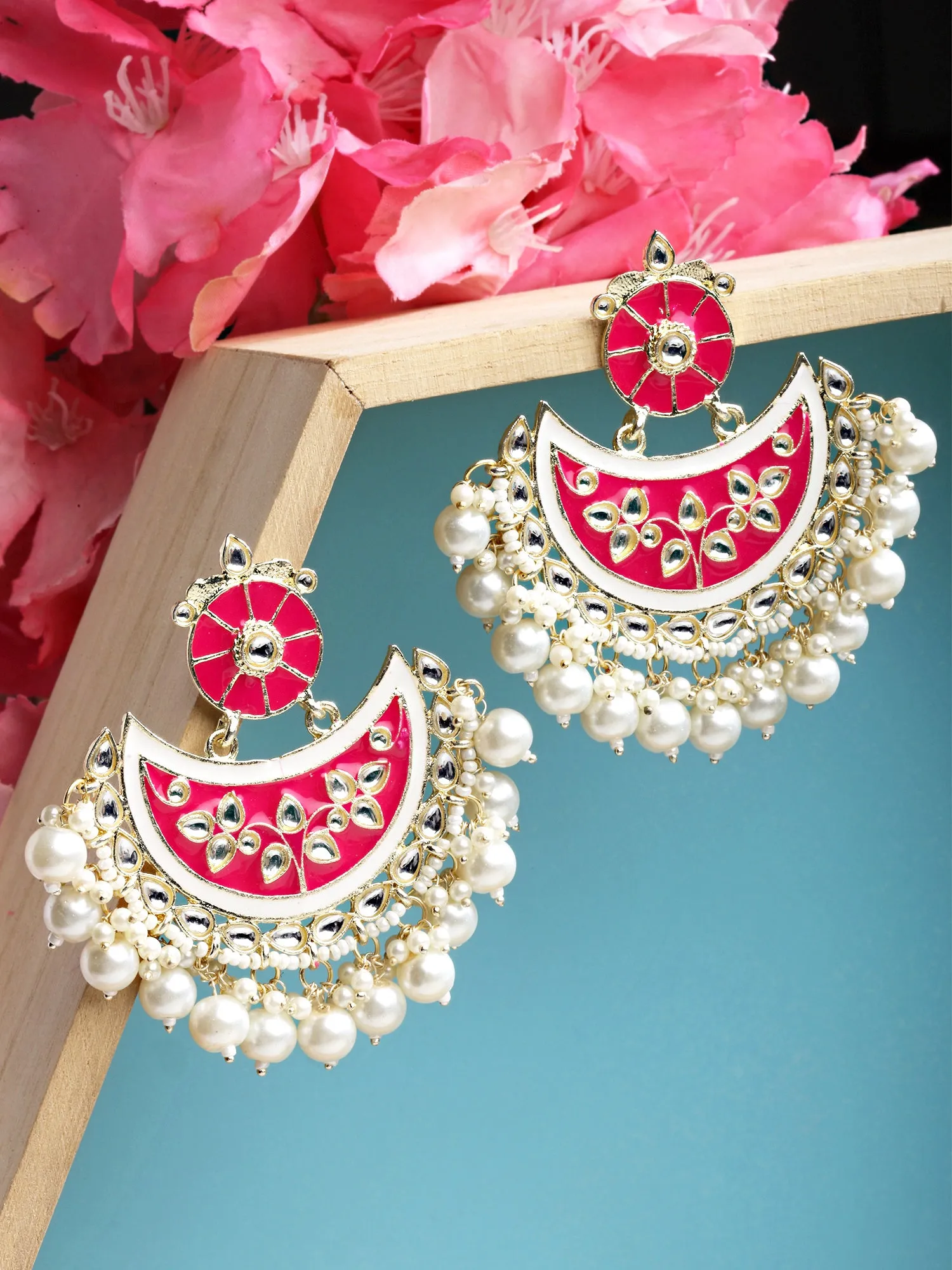 Karatcart Gold Plated Pink Meena Pearl and Kundan Studded Chandbali Earrings for Women