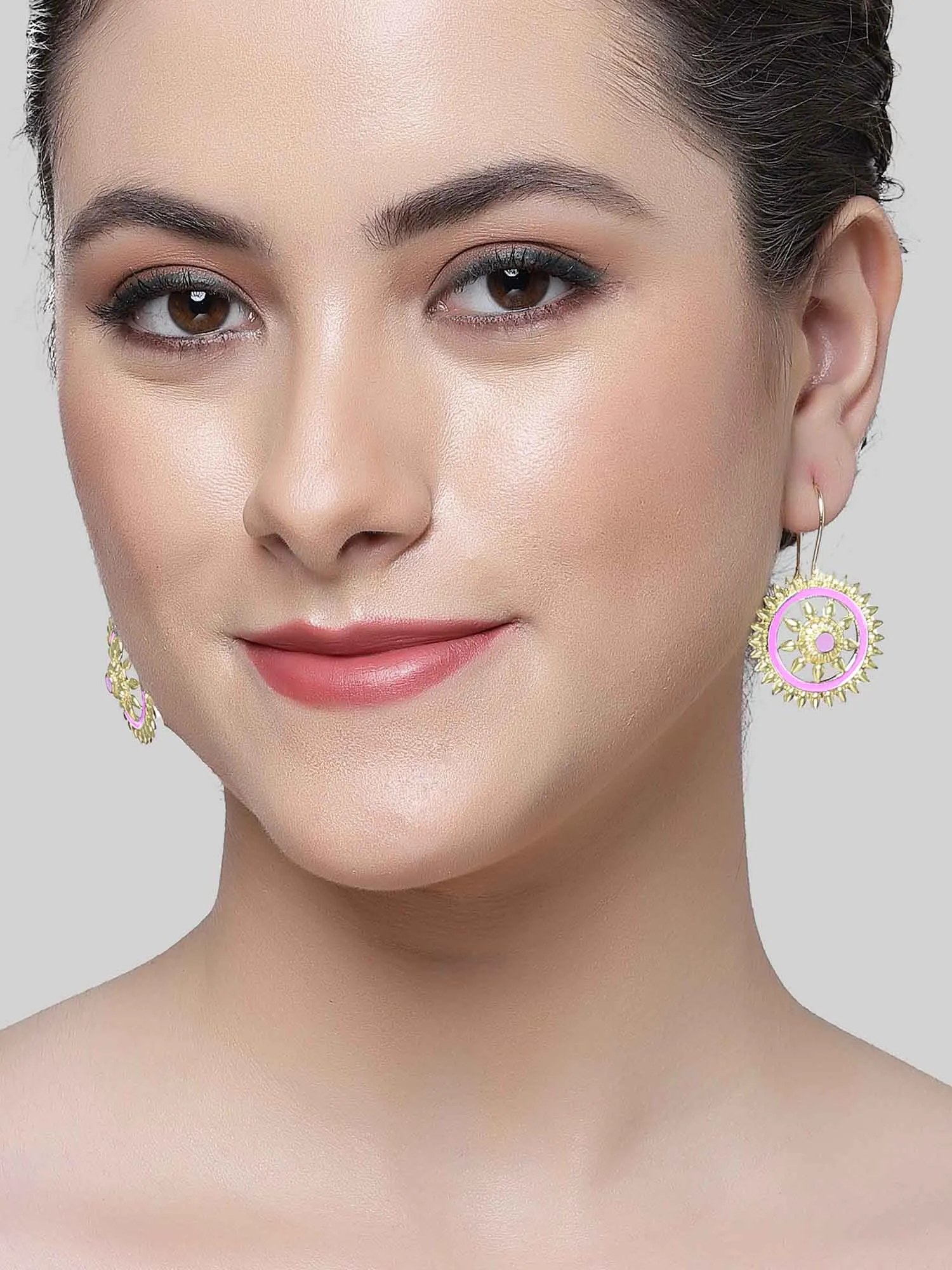 Karatcart Gold Plated Pink Meena Sun Shape Drop Earring for Women