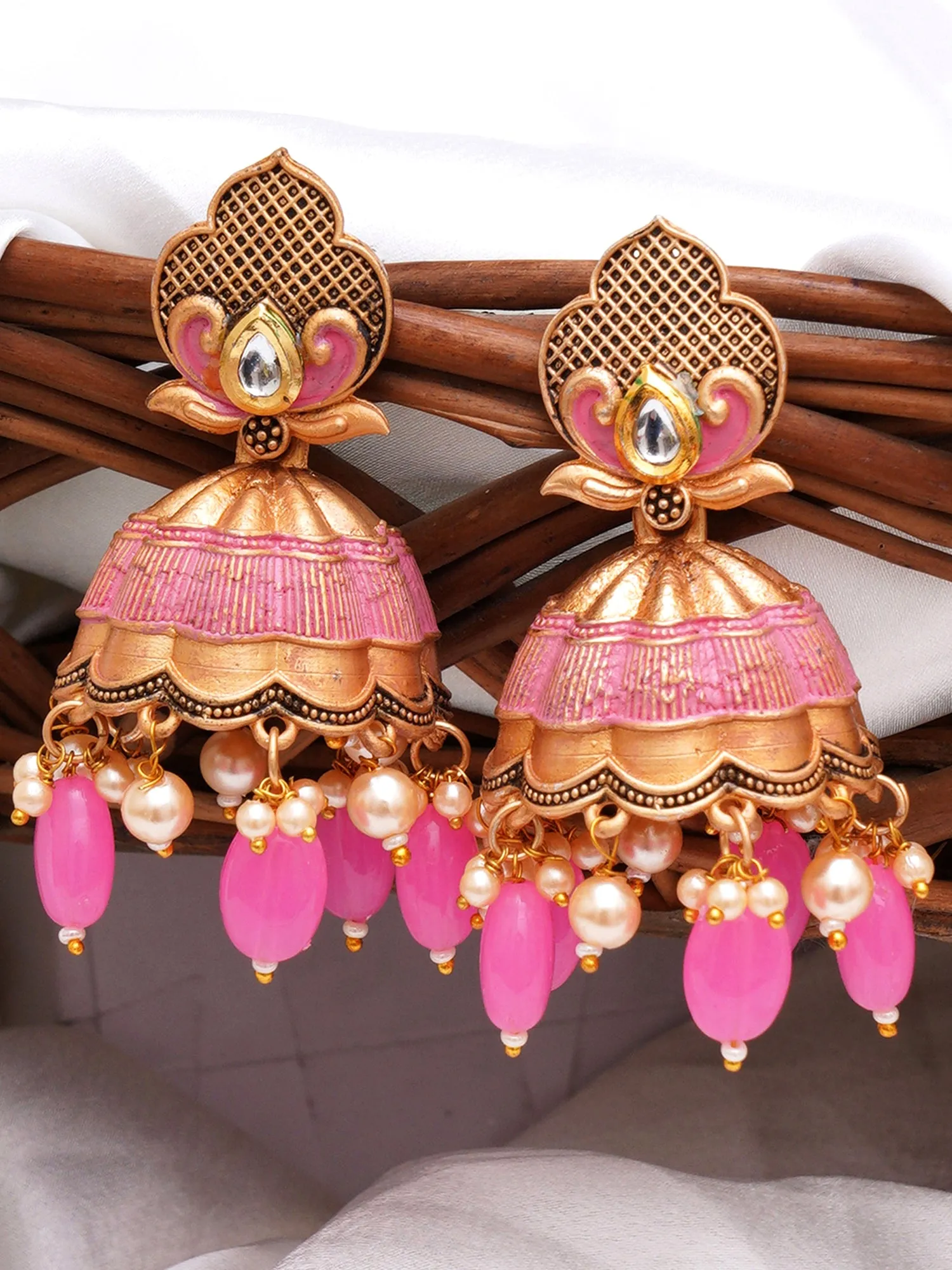 Karatcart Gold Plated Pink Tumble and Golden Pearl Studded Jhumki Earrings for Women