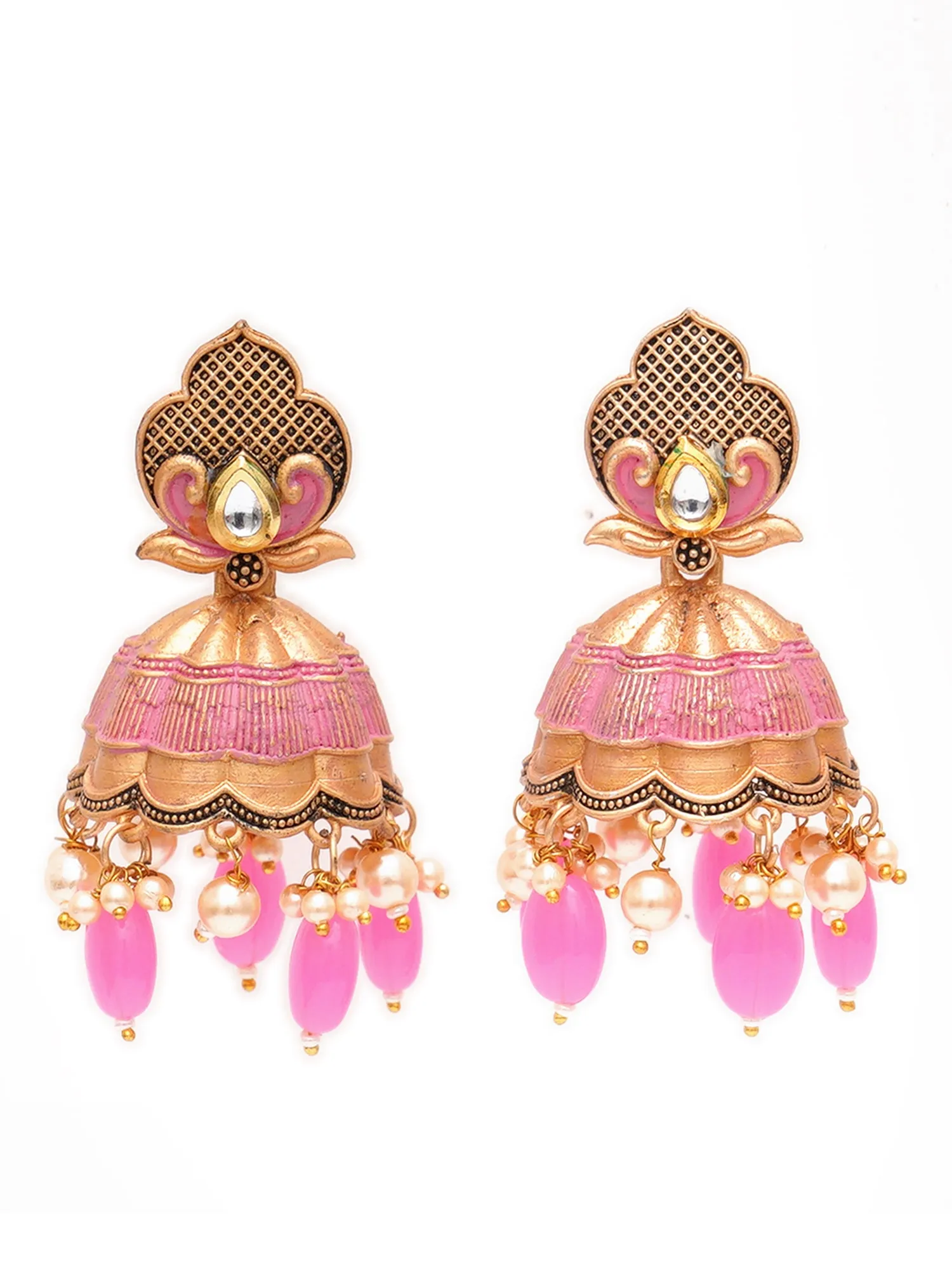Karatcart Gold Plated Pink Tumble and Golden Pearl Studded Jhumki Earrings for Women