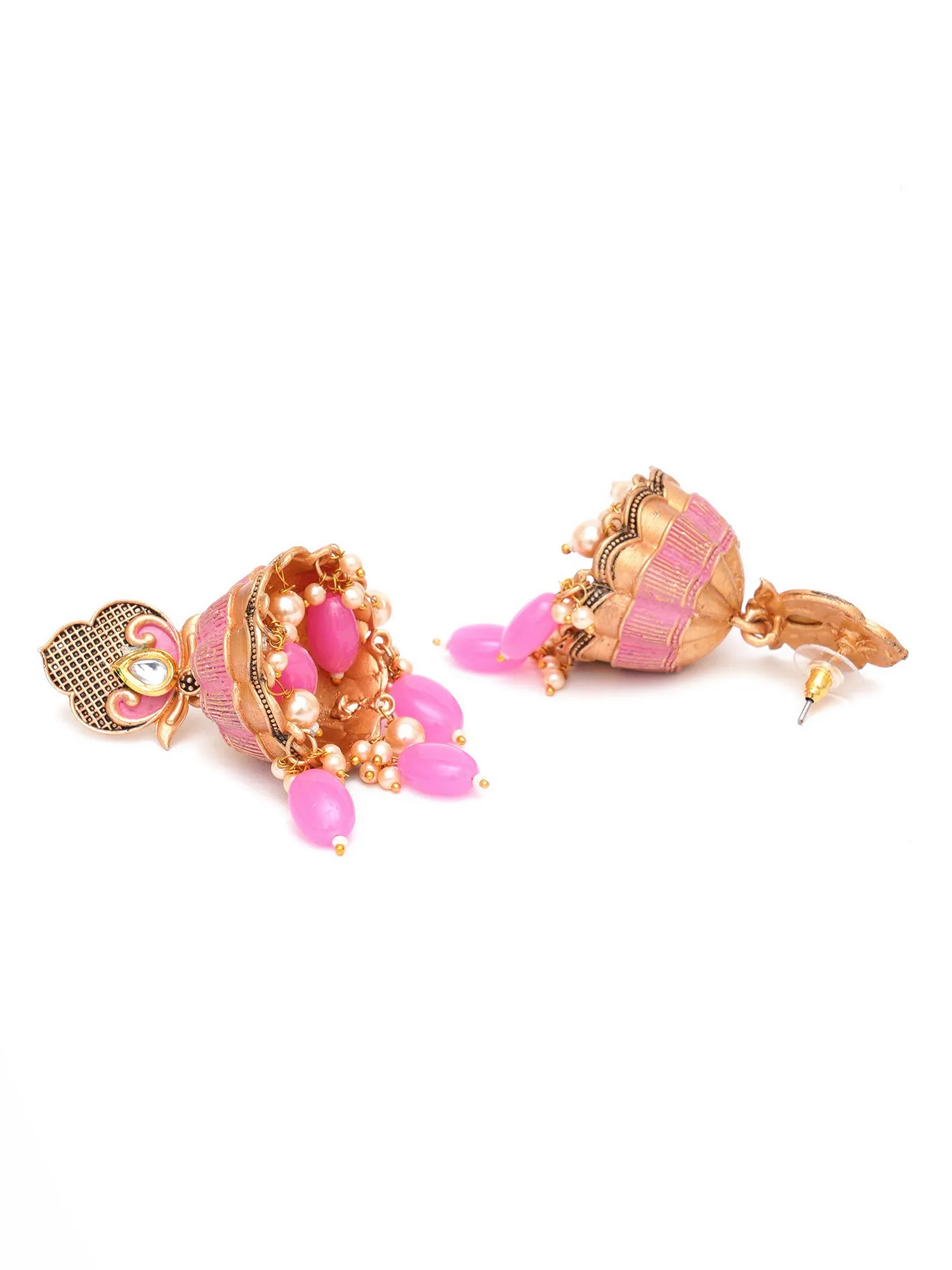 Karatcart Gold Plated Pink Tumble and Golden Pearl Studded Jhumki Earrings for Women