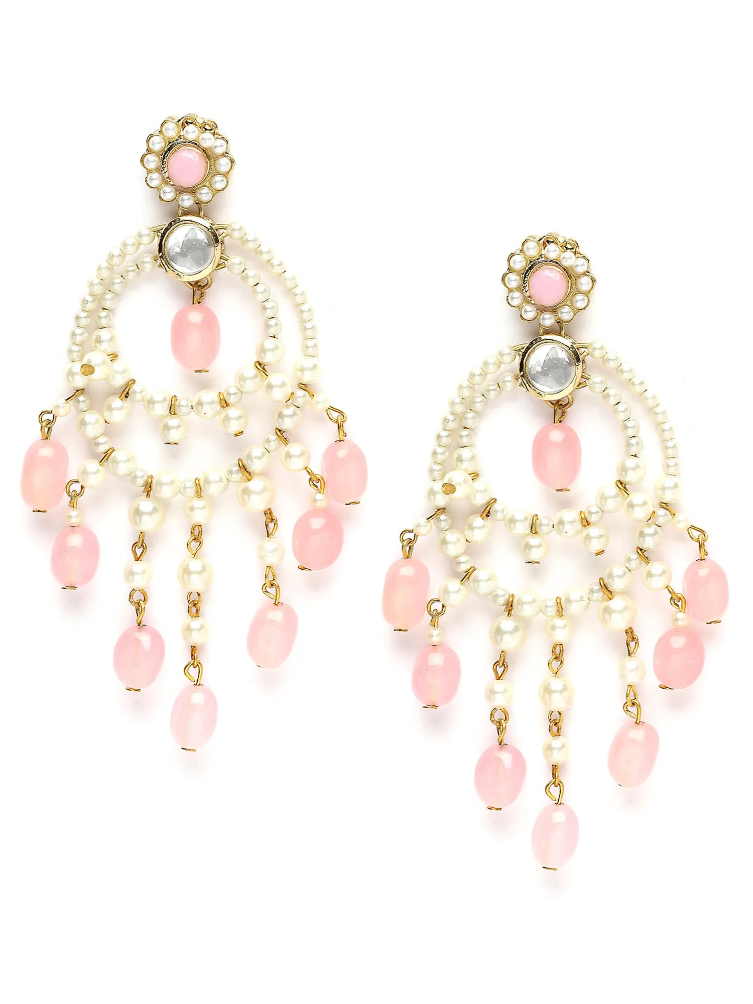 Karatcart Gold Plated Pink Tumble and Pearl Kundan Drop Hoop Earring for Women