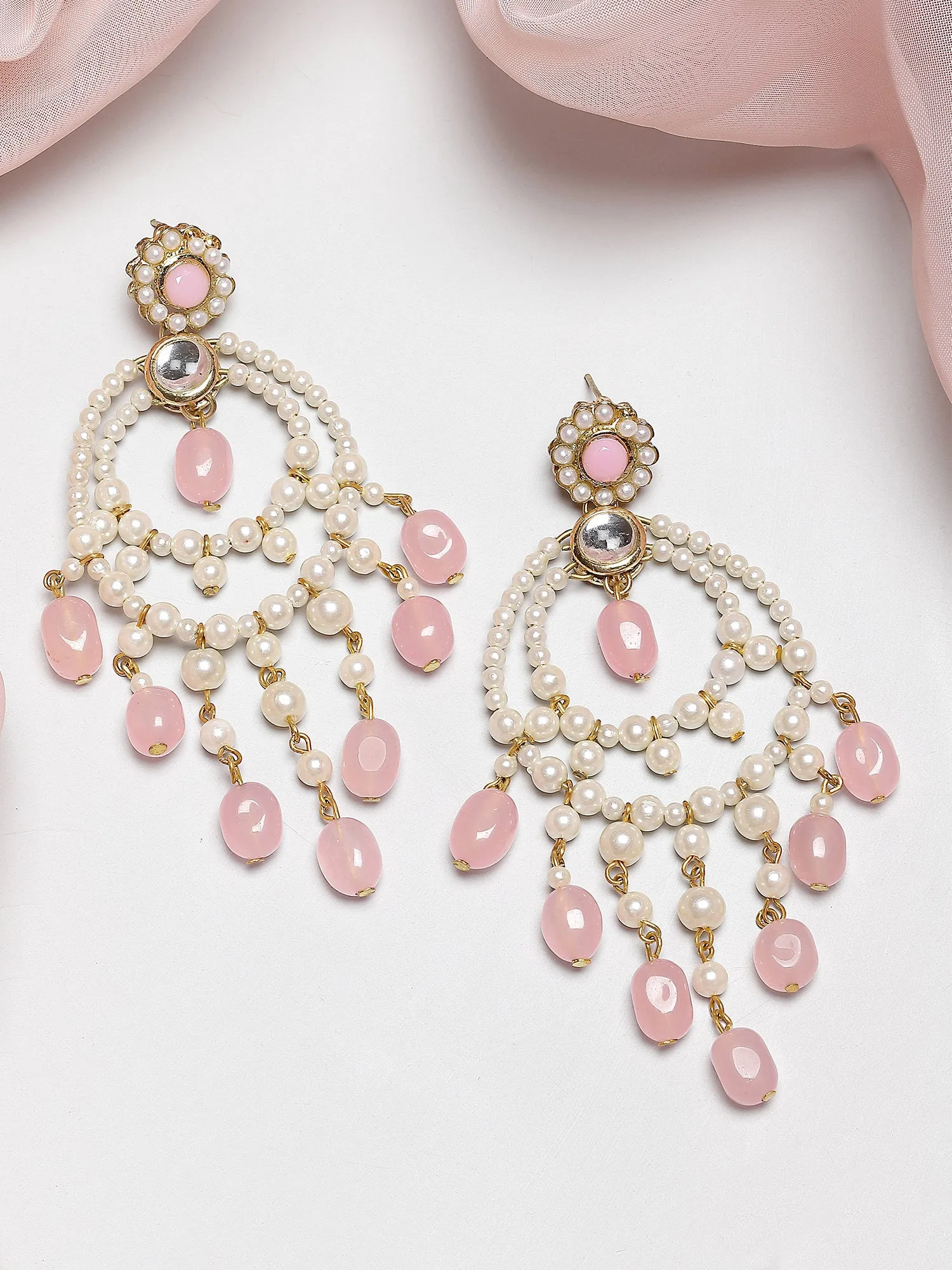 Karatcart Gold Plated Pink Tumble and Pearl Kundan Drop Hoop Earring for Women