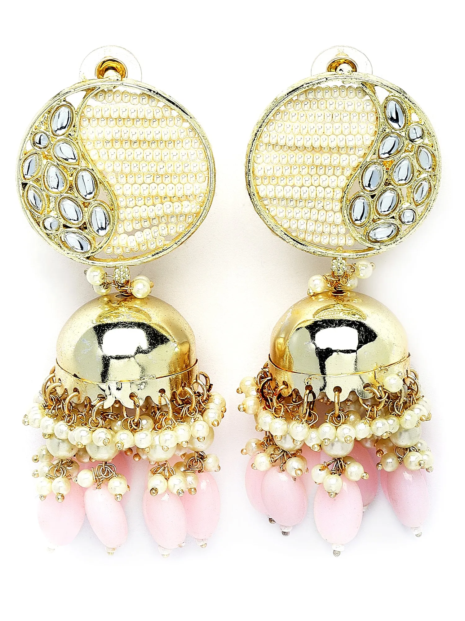 Karatcart Gold Plated Pink Tumble and Pearl Studded Kundan Jhumki Earrings for Women