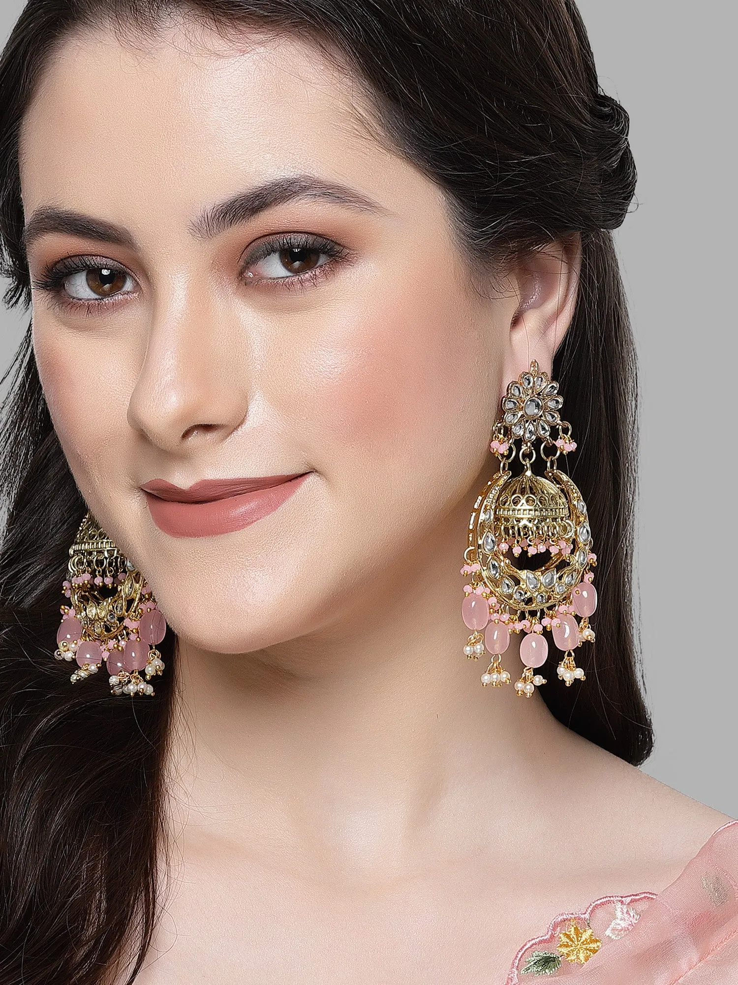 Karatcart Gold Plated Pink Tumble Kundan Jhumki Earrings for Women