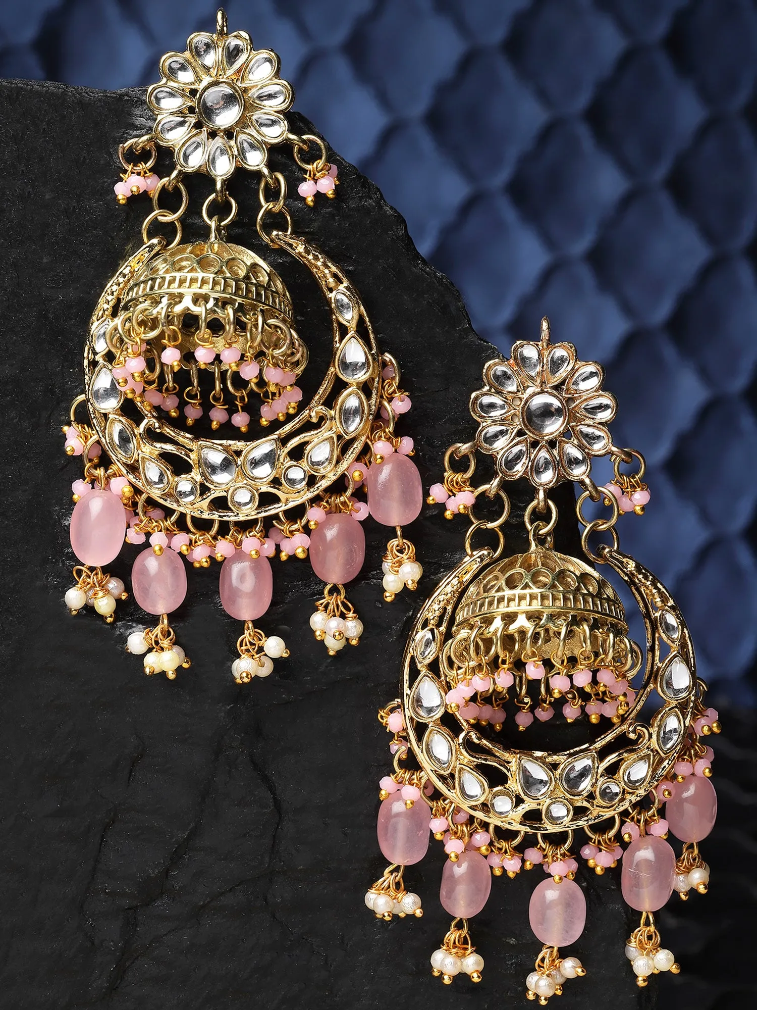 Karatcart Gold Plated Pink Tumble Kundan Jhumki Earrings for Women