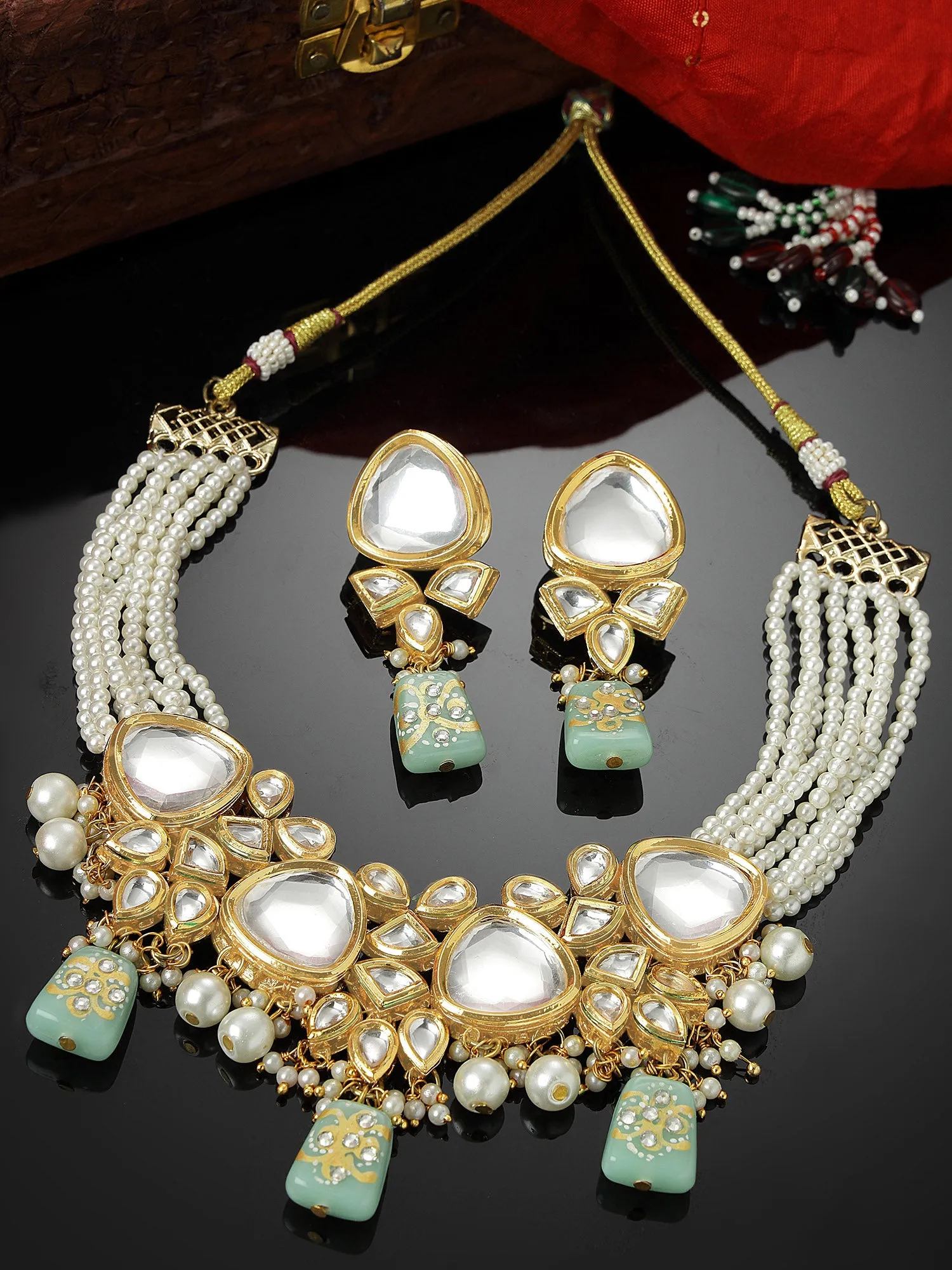 KARATCART Gold Plated Polki Classic Lime Green Jewellery Set for Women