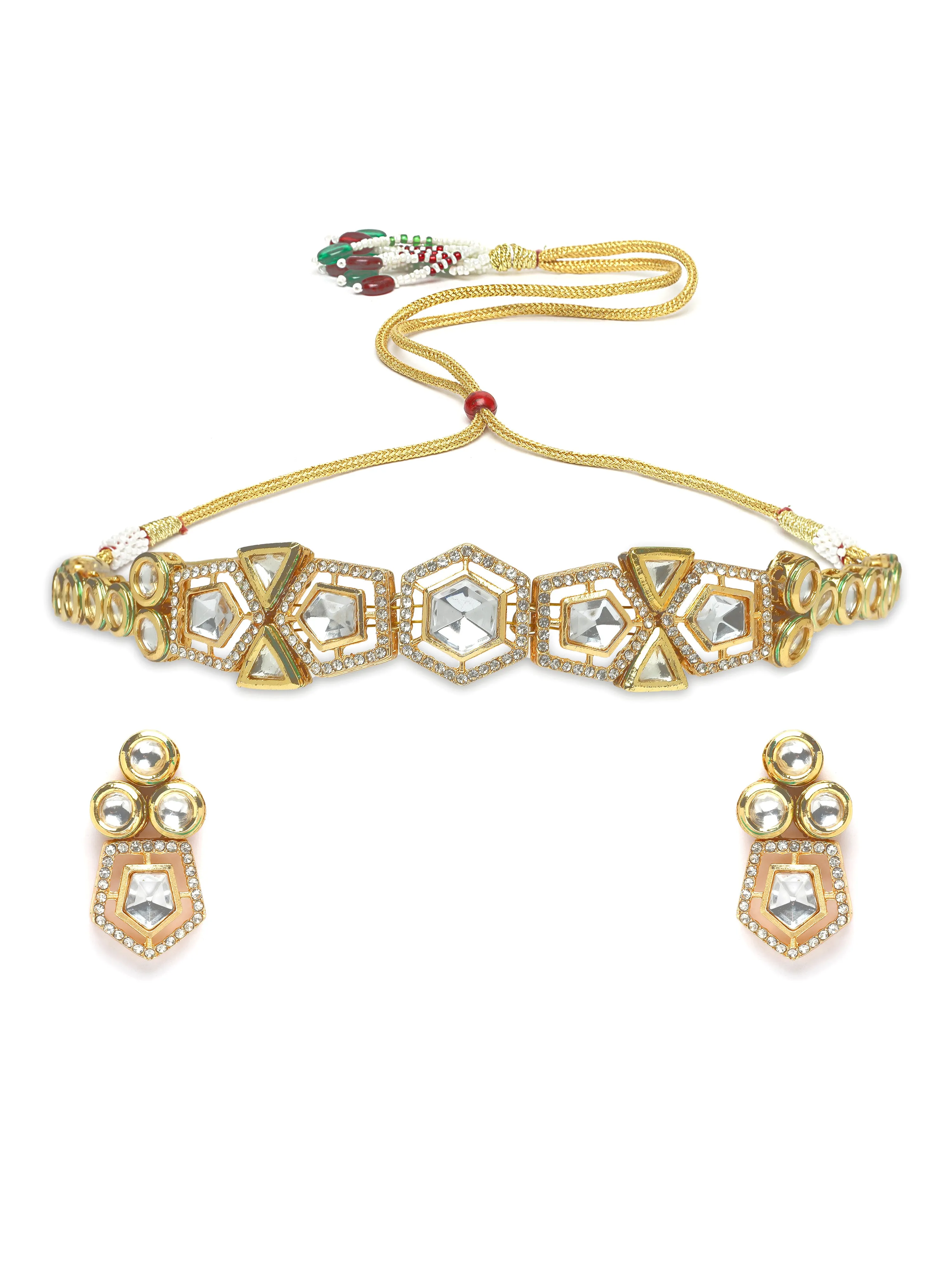 Karatcart Gold Plated Polki Kundan Choker Necklace Set for Women