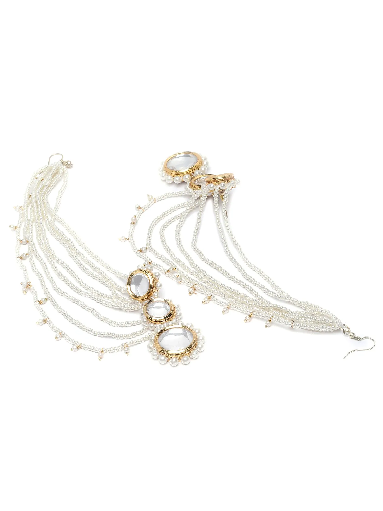 Karatcart Gold Plated Polki Kundan Pearl Kaanchain Earrings for Women