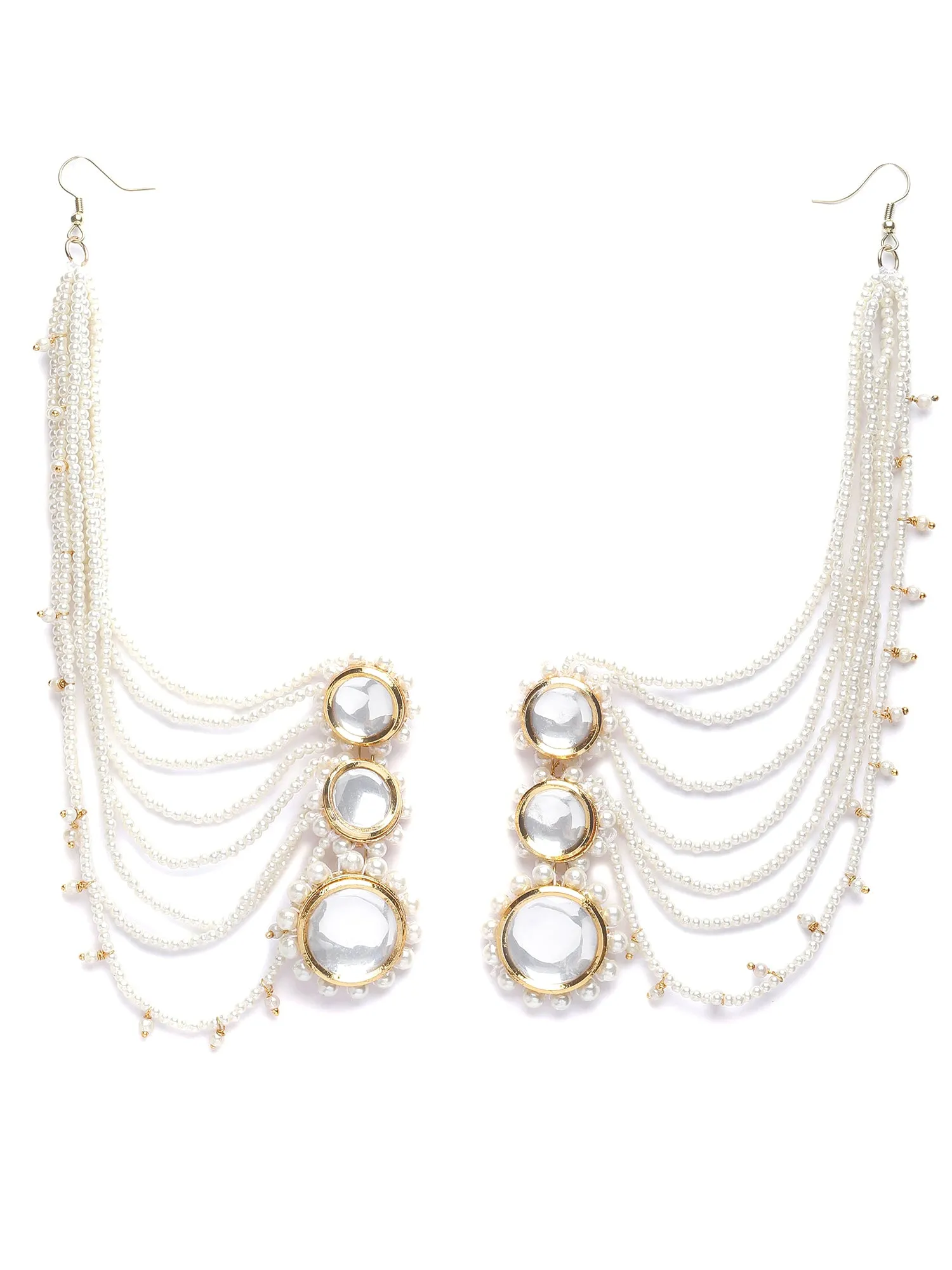 Karatcart Gold Plated Polki Kundan Pearl Kaanchain Earrings for Women