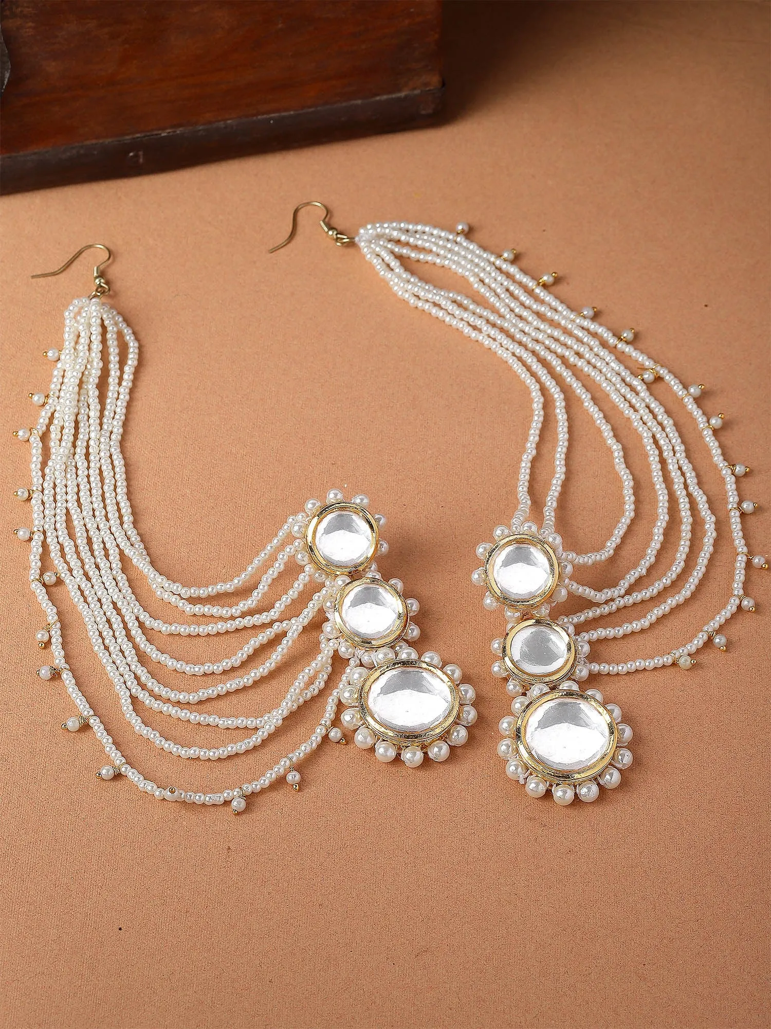 Karatcart Gold Plated Polki Kundan Pearl Kaanchain Earrings for Women