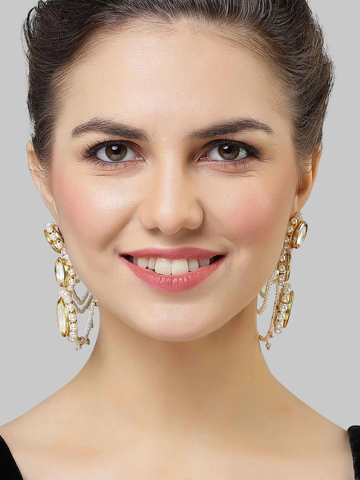 Karatcart Gold Plated Polki Kundan Pearl Kaanchain Earrings for Women