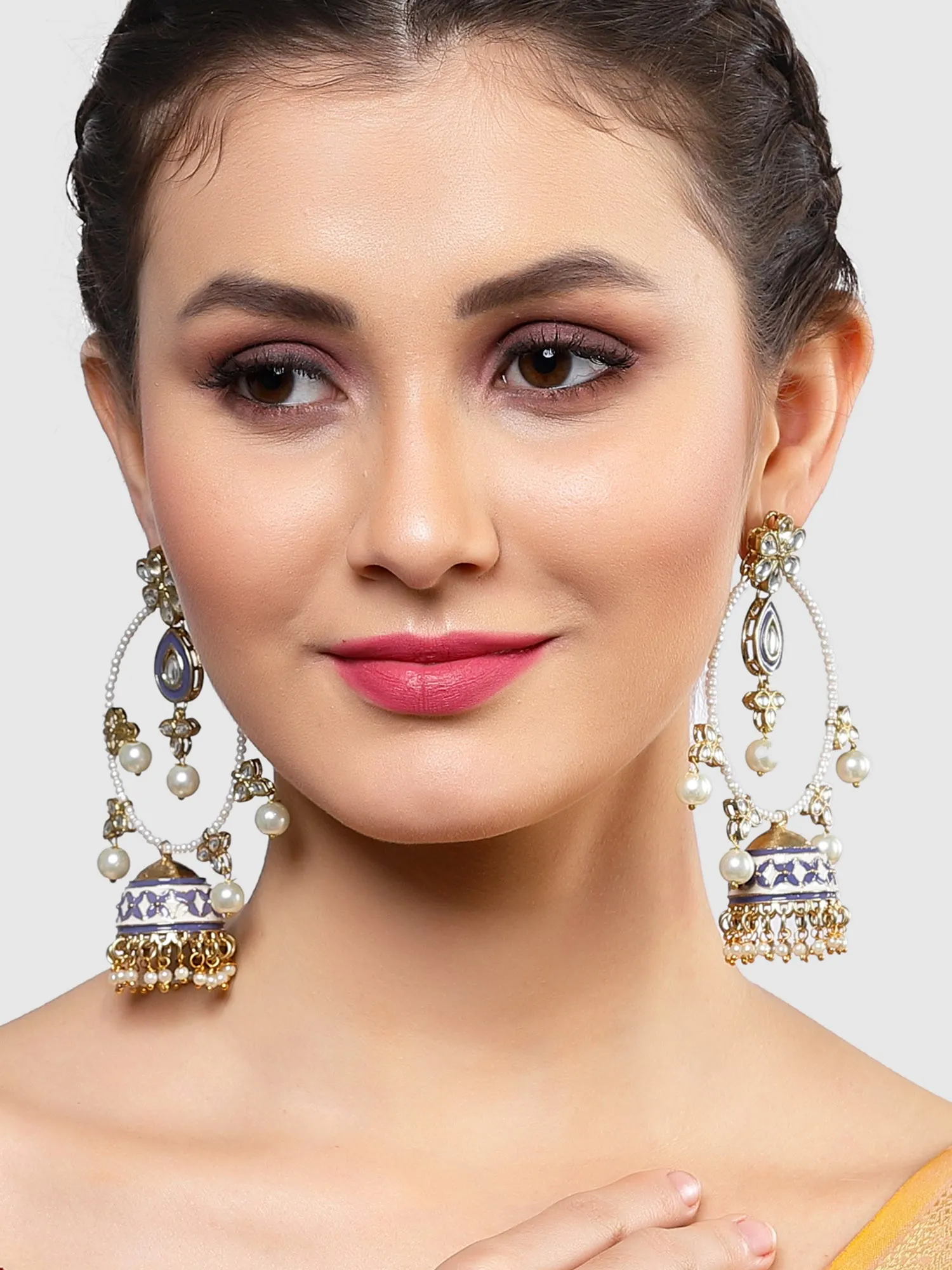 Karatcart Gold Plated Purple Meena Pearl Beaded Kundan Jhumki Hoop Earrings for Women