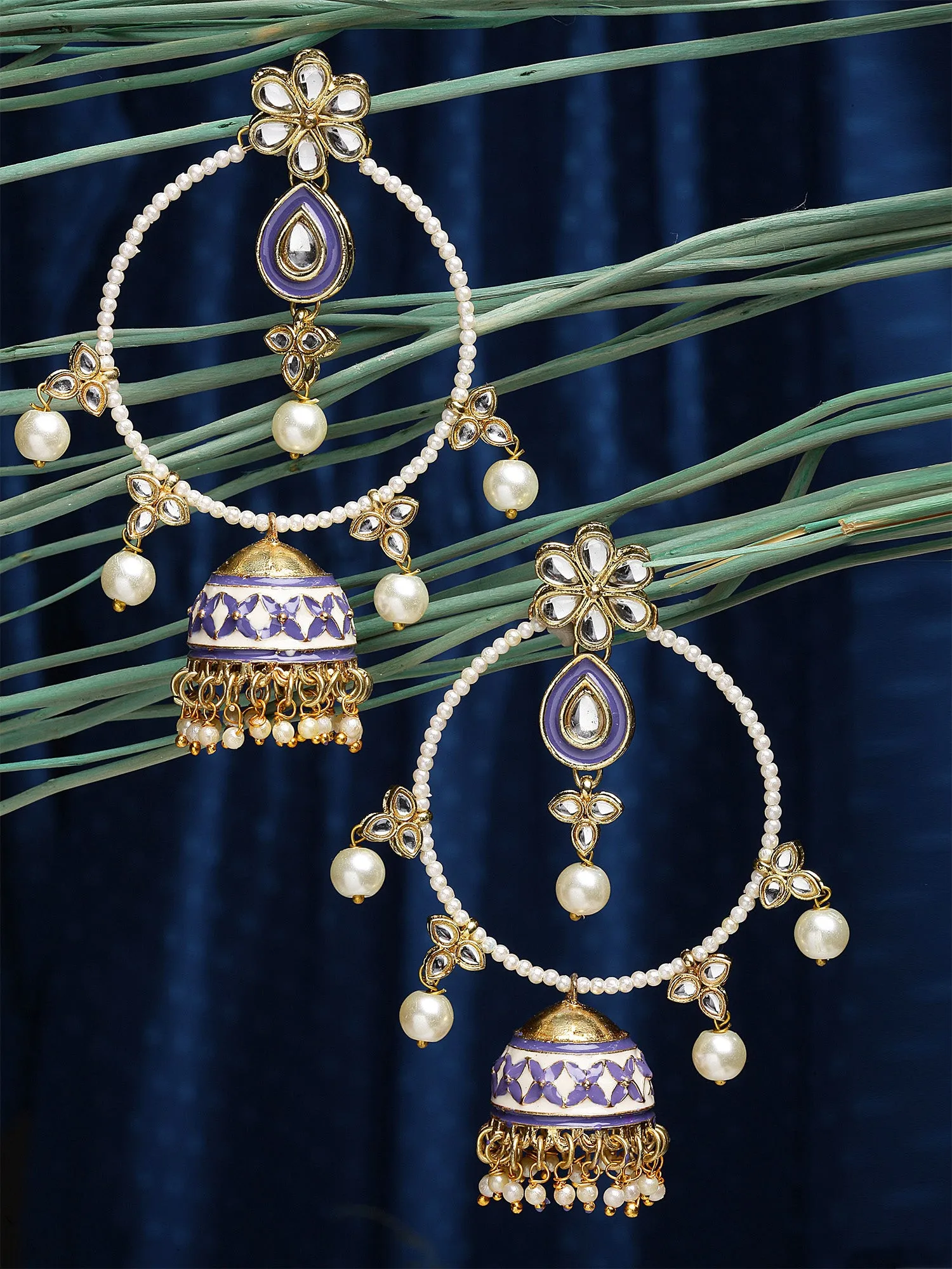 Karatcart Gold Plated Purple Meena Pearl Beaded Kundan Jhumki Hoop Earrings for Women