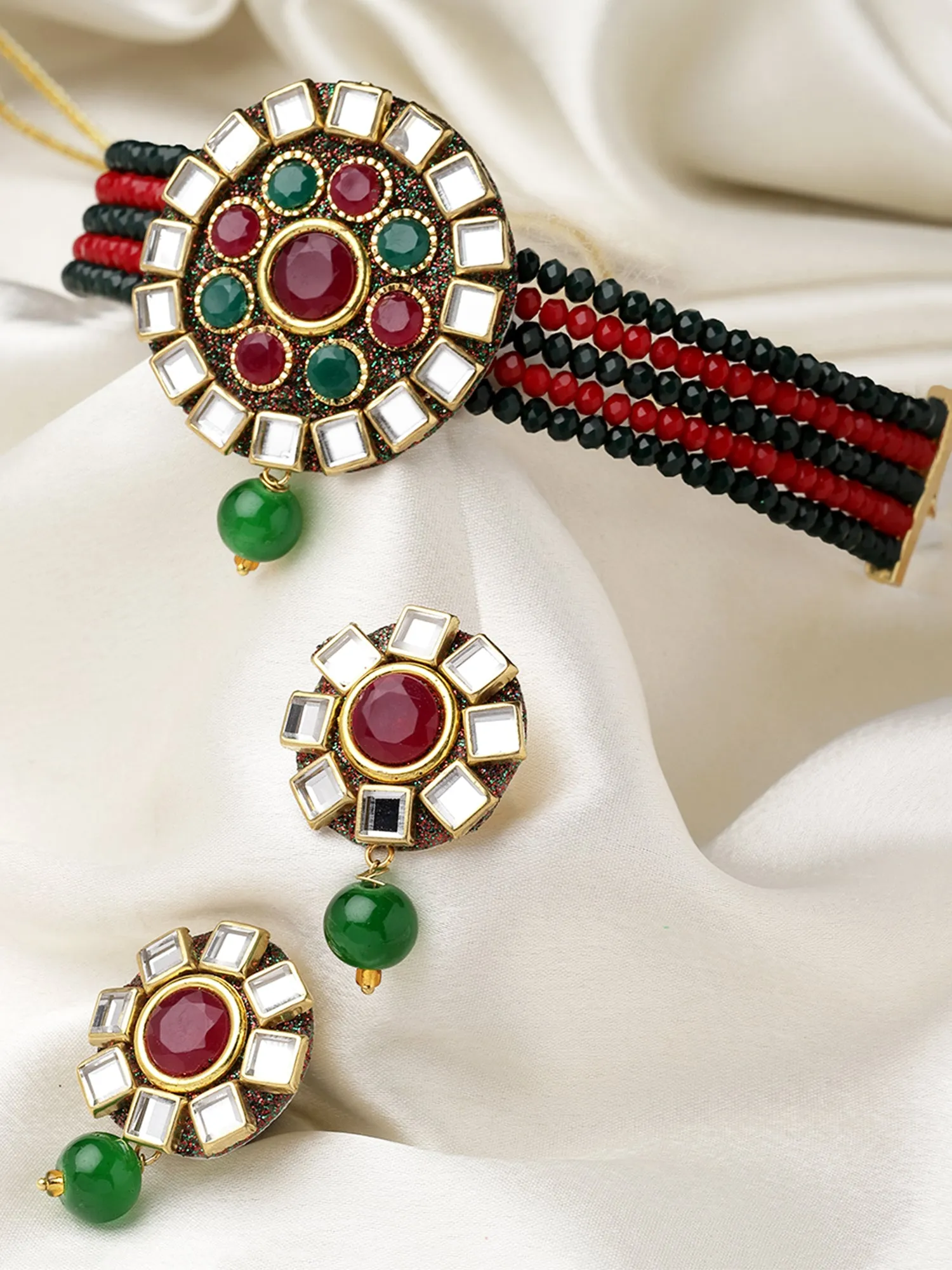 Karatcart Gold Plated Red and Green Crystal Studded Choker Necklace Set for Women