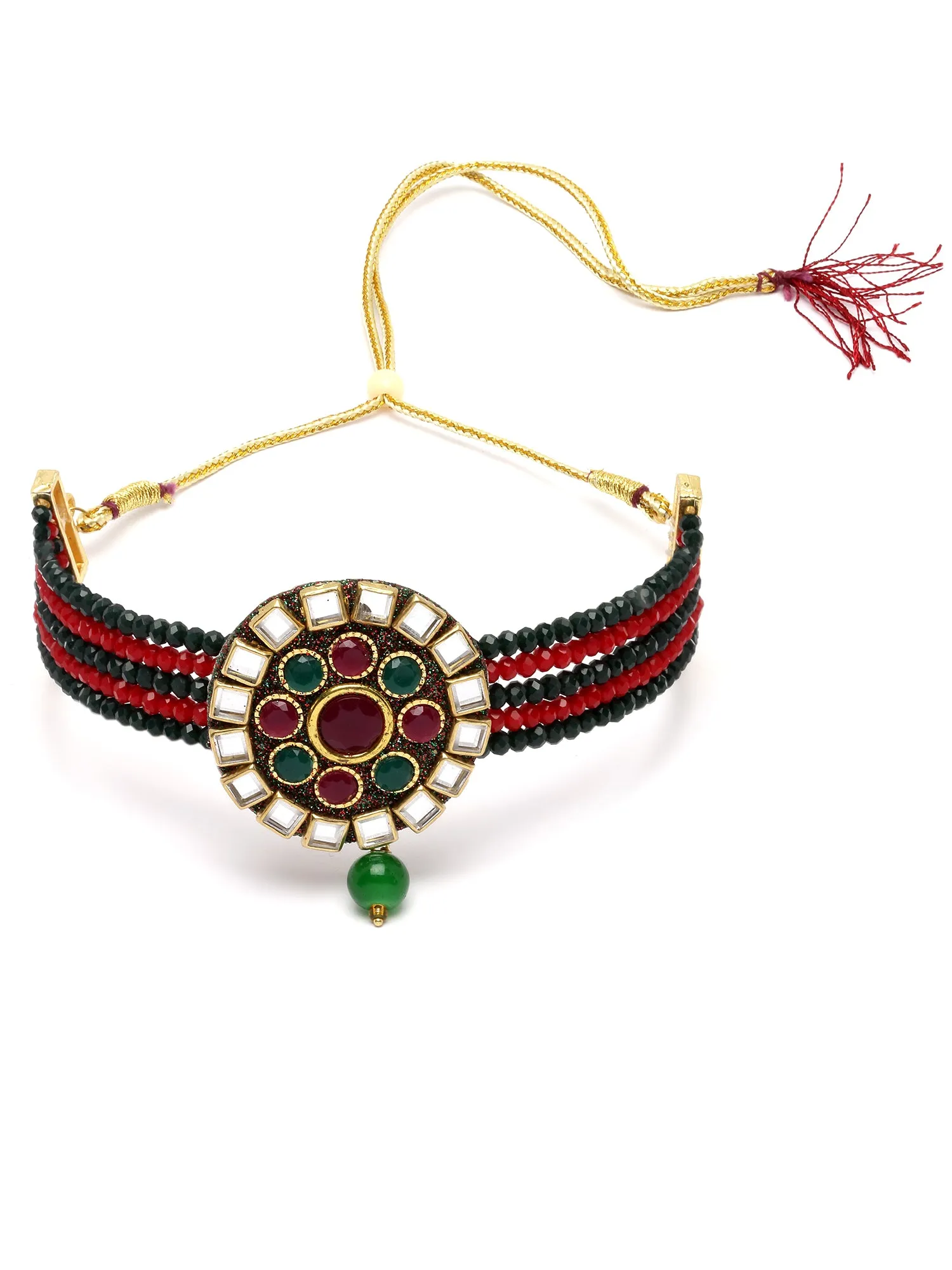 Karatcart Gold Plated Red and Green Crystal Studded Choker Necklace Set for Women