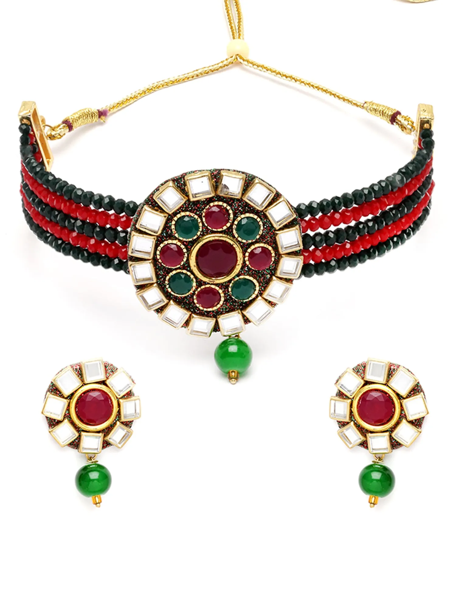 Karatcart Gold Plated Red and Green Crystal Studded Choker Necklace Set for Women