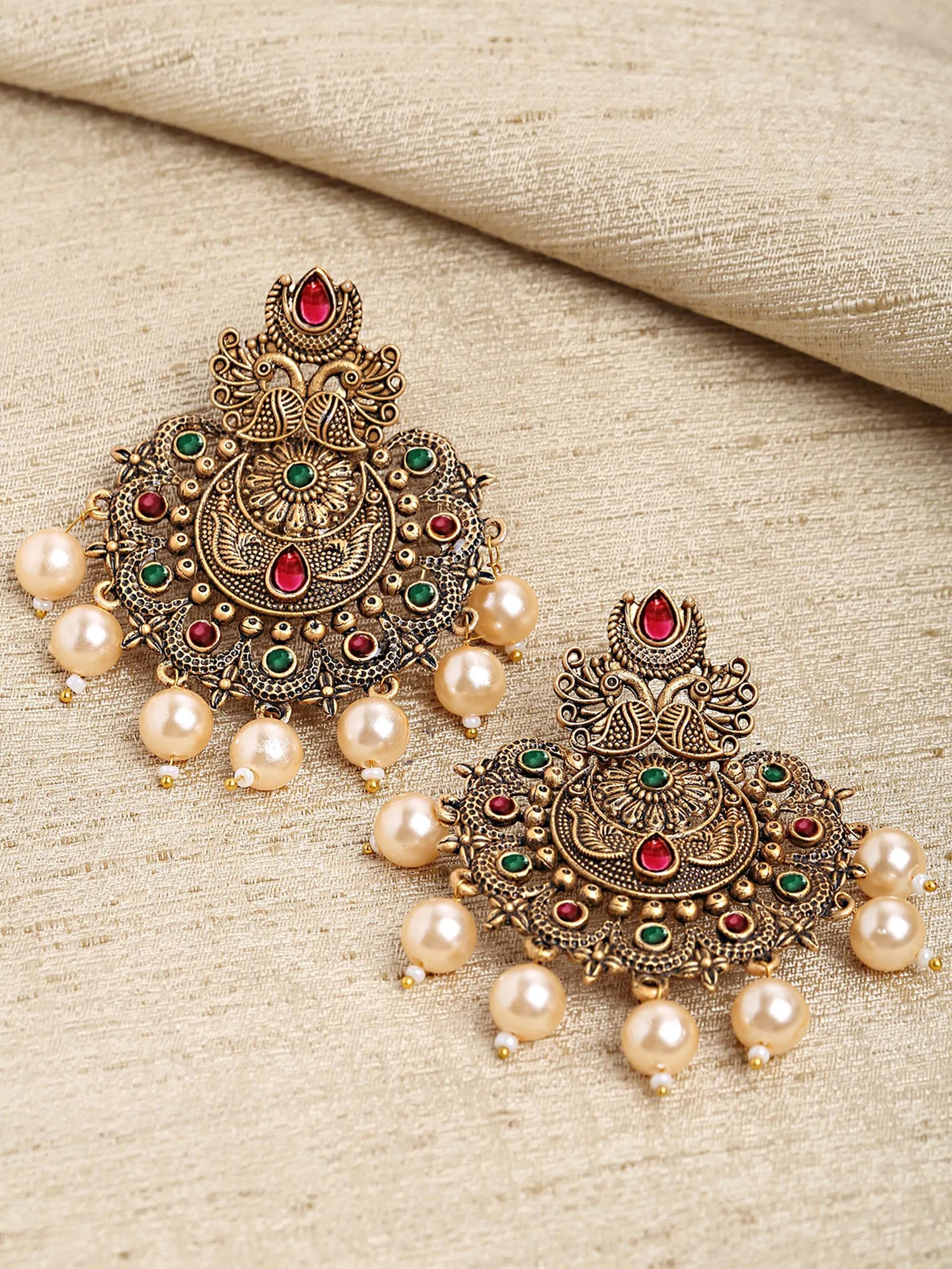 Karatcart Gold Plated Red and Green Floral Design Gloden Pearl Dangler Earrings for Women