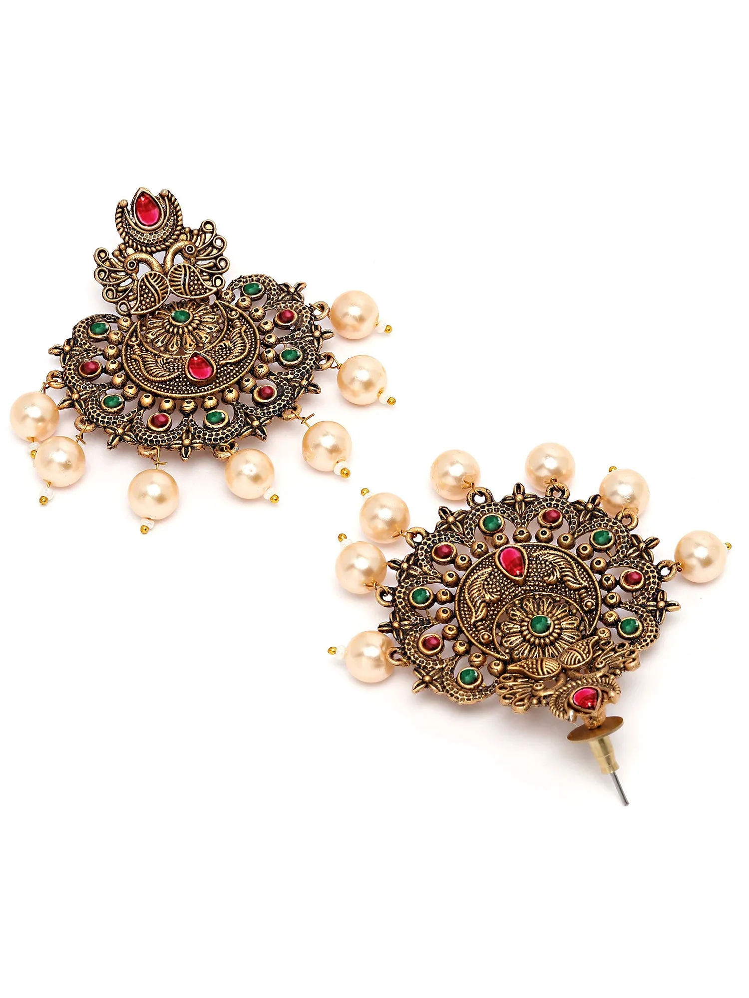 Karatcart Gold Plated Red and Green Floral Design Gloden Pearl Dangler Earrings for Women