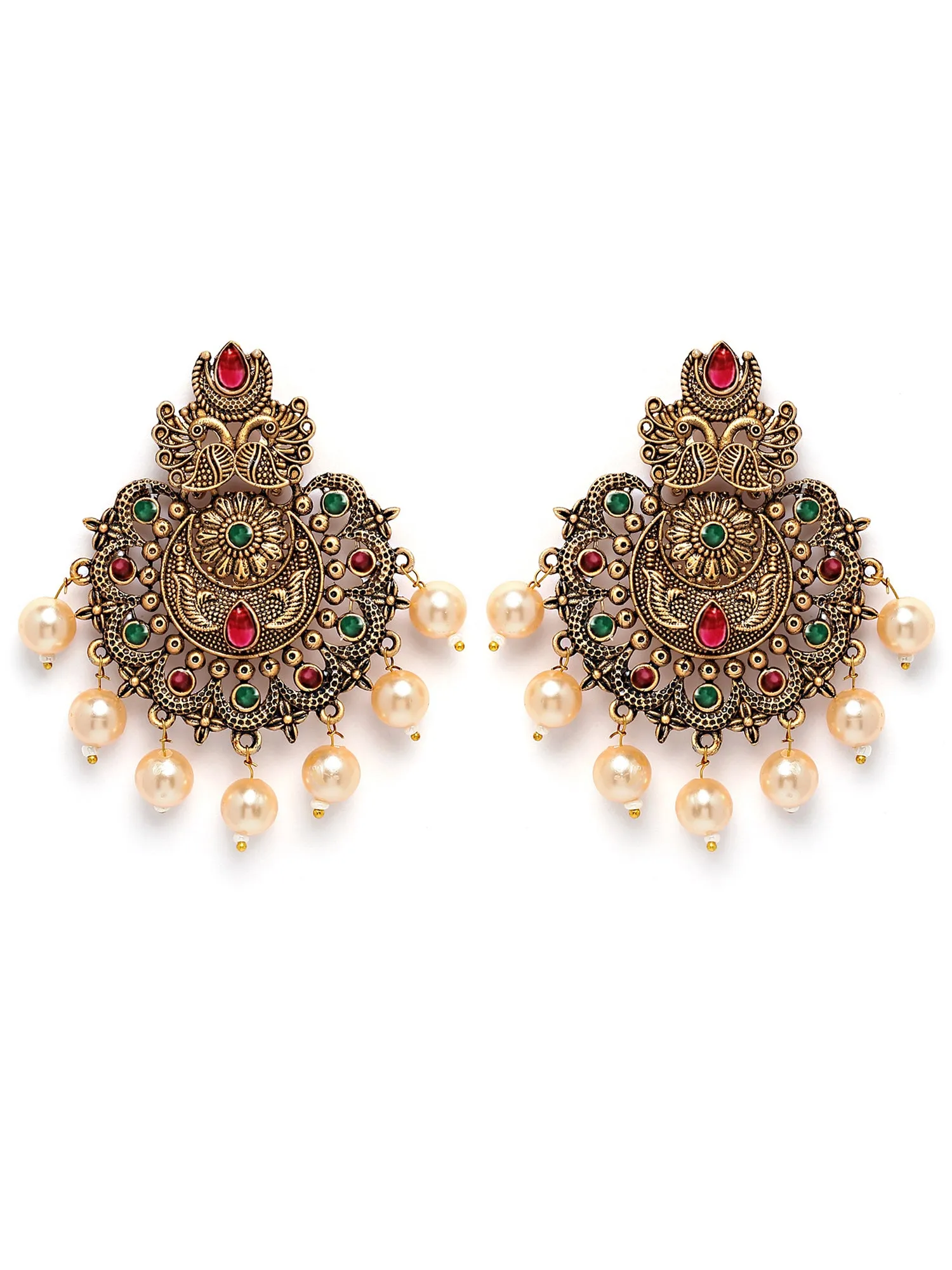 Karatcart Gold Plated Red and Green Floral Design Gloden Pearl Dangler Earrings for Women