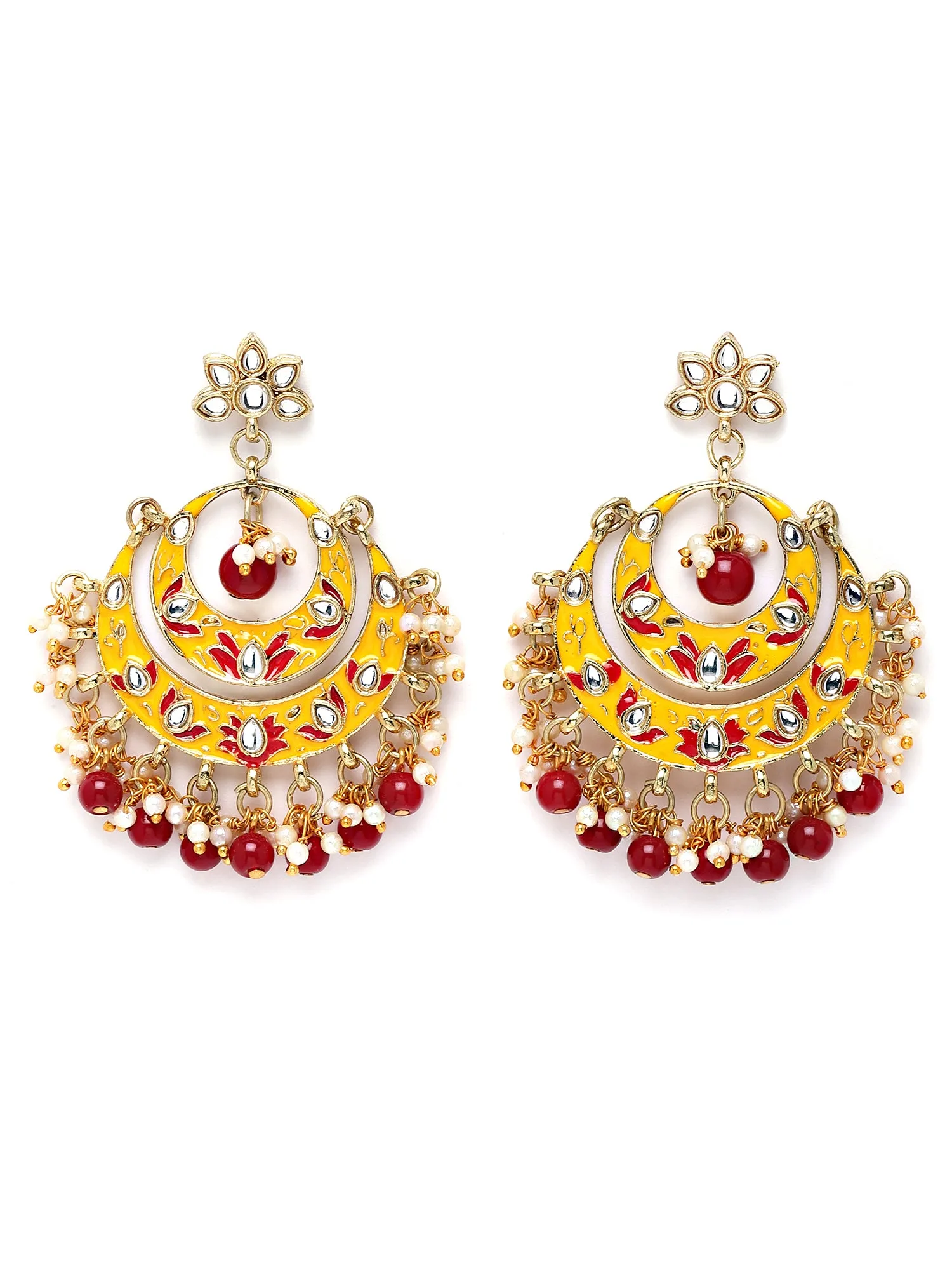 Karatcart Gold Plated Red and Yellow Meena Kundan Chandbali Earrings for Women