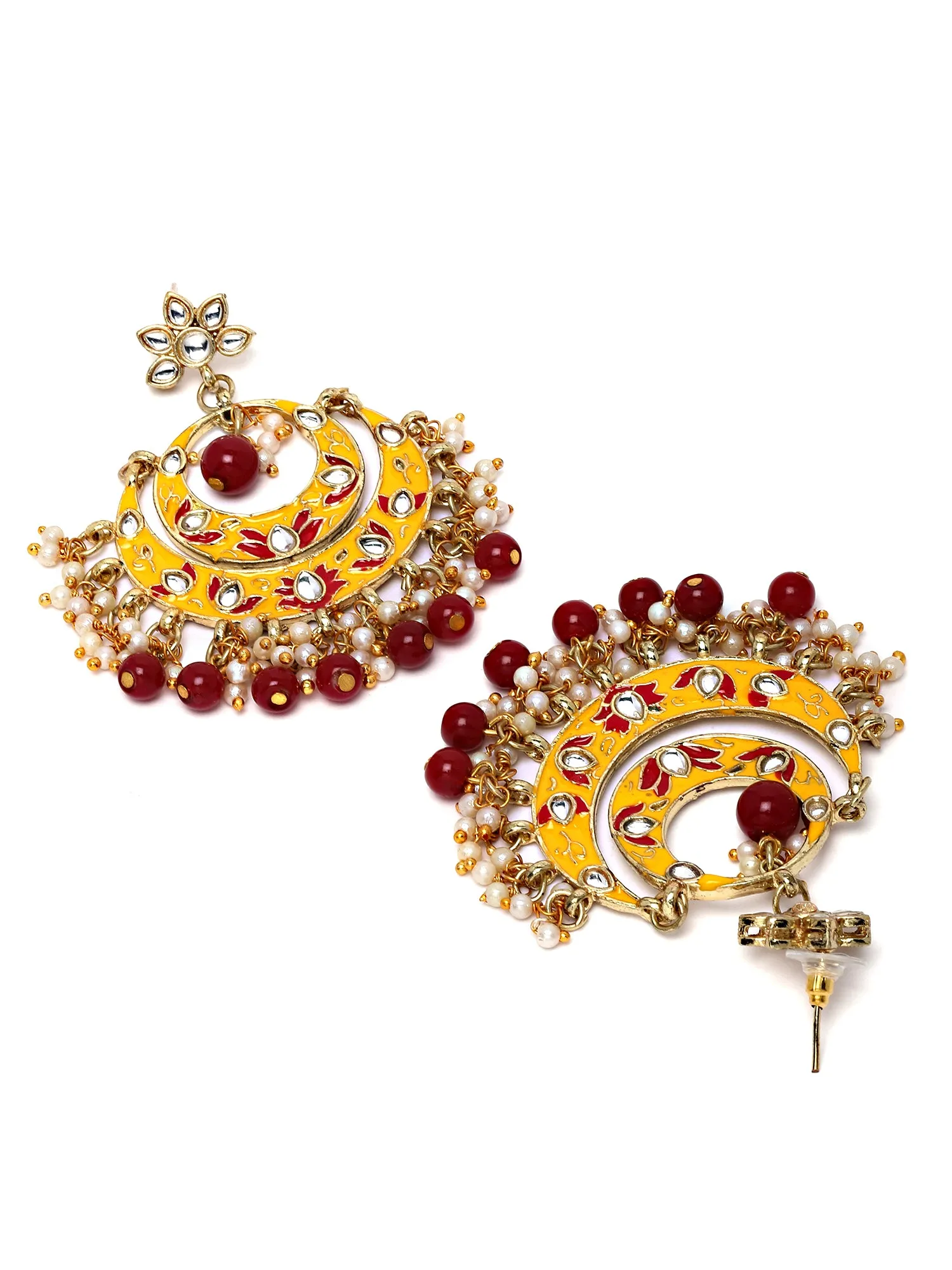 Karatcart Gold Plated Red and Yellow Meena Kundan Chandbali Earrings for Women