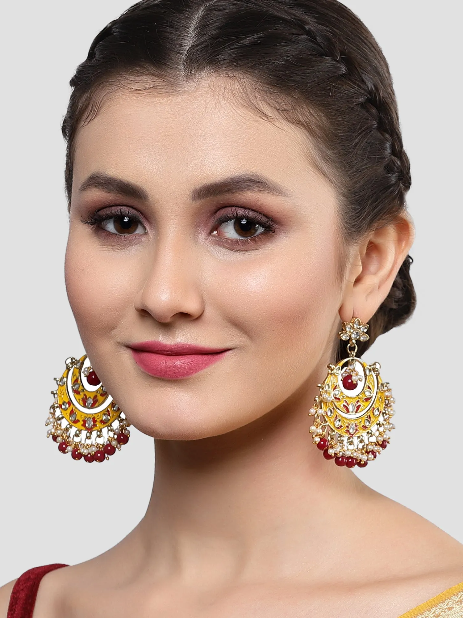 Karatcart Gold Plated Red and Yellow Meena Kundan Chandbali Earrings for Women