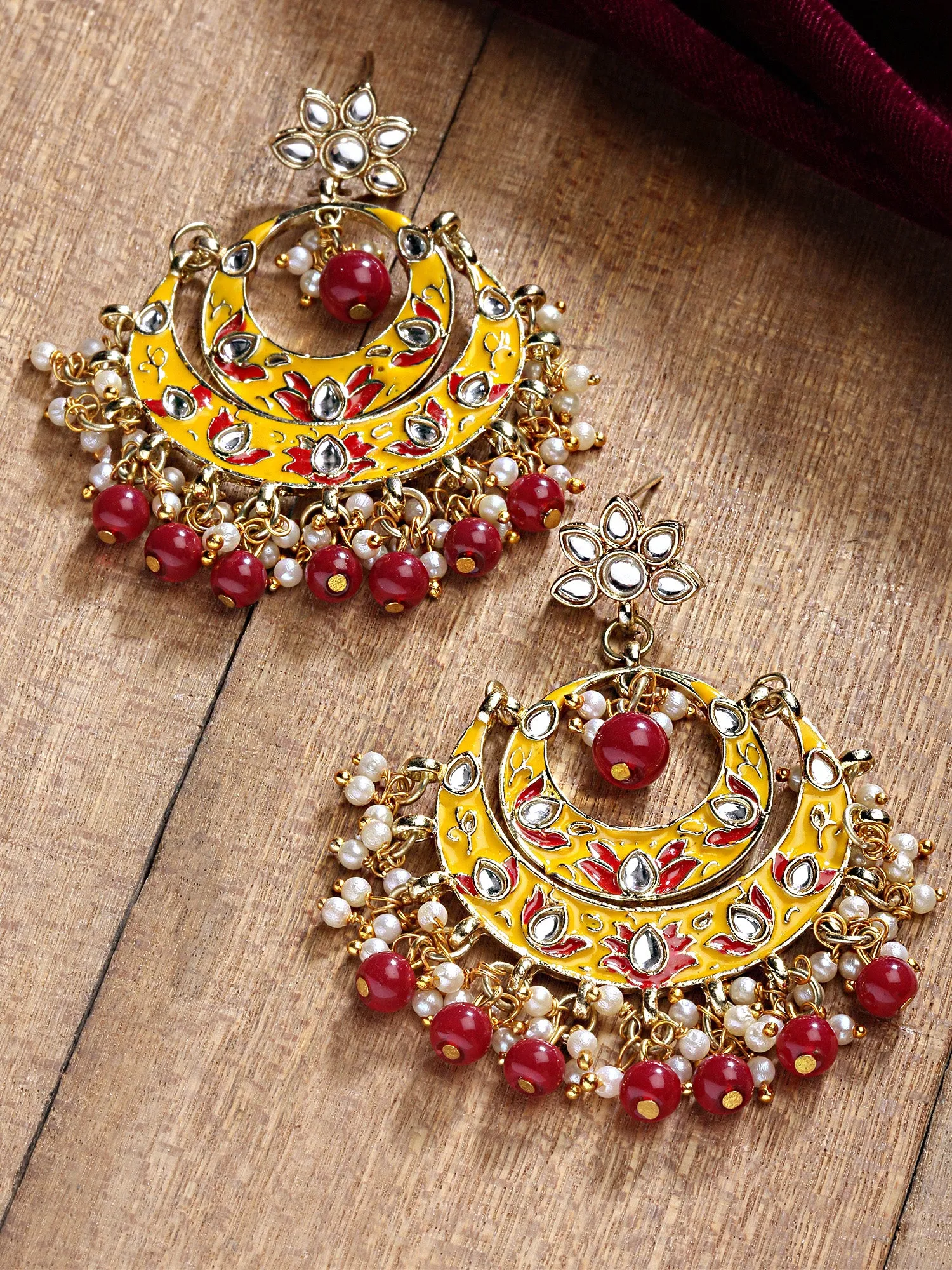 Karatcart Gold Plated Red and Yellow Meena Kundan Chandbali Earrings for Women