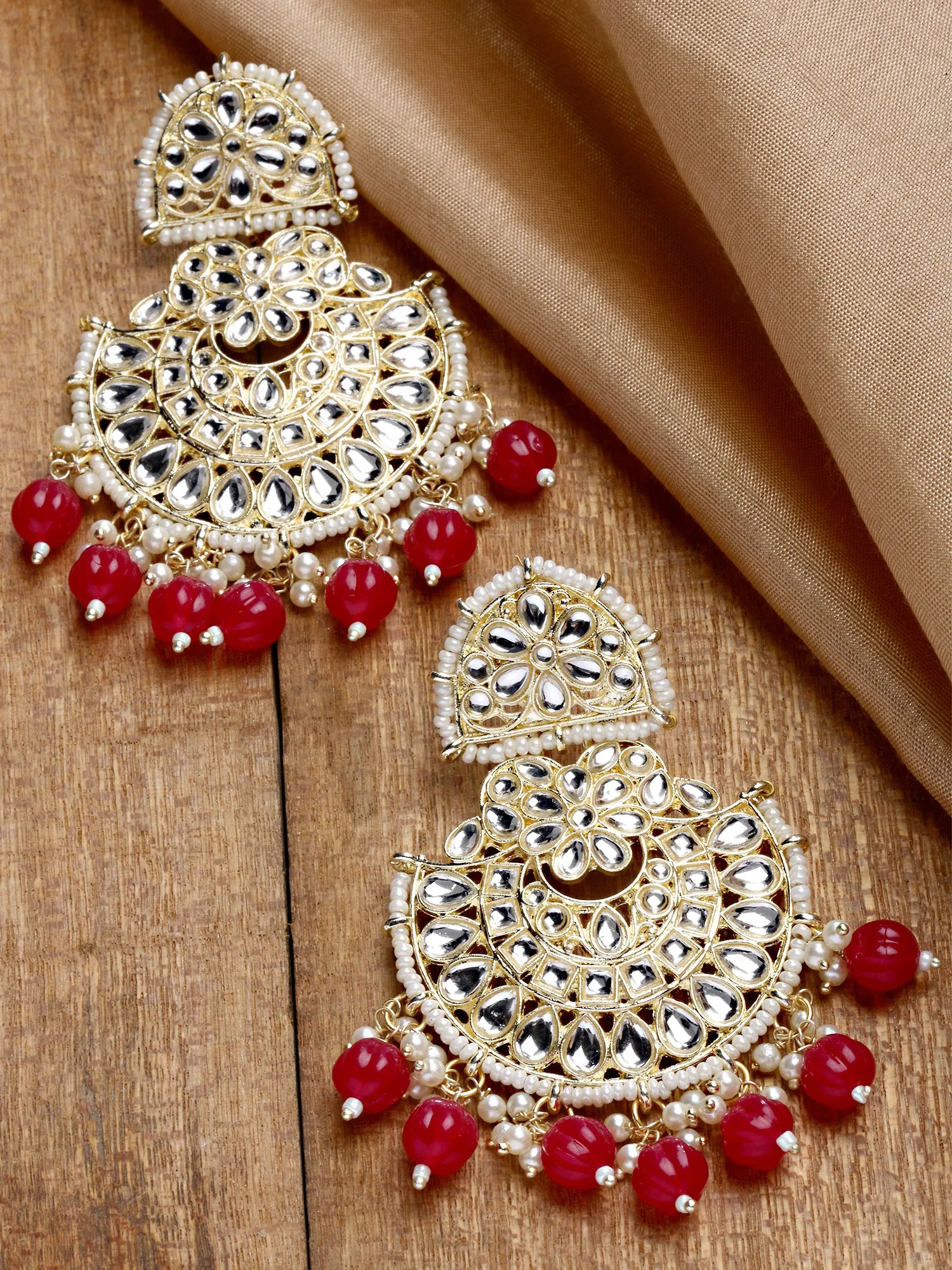 Karatcart Gold Plated Red Beads and Kundan Studded Dangler Earrings for Women