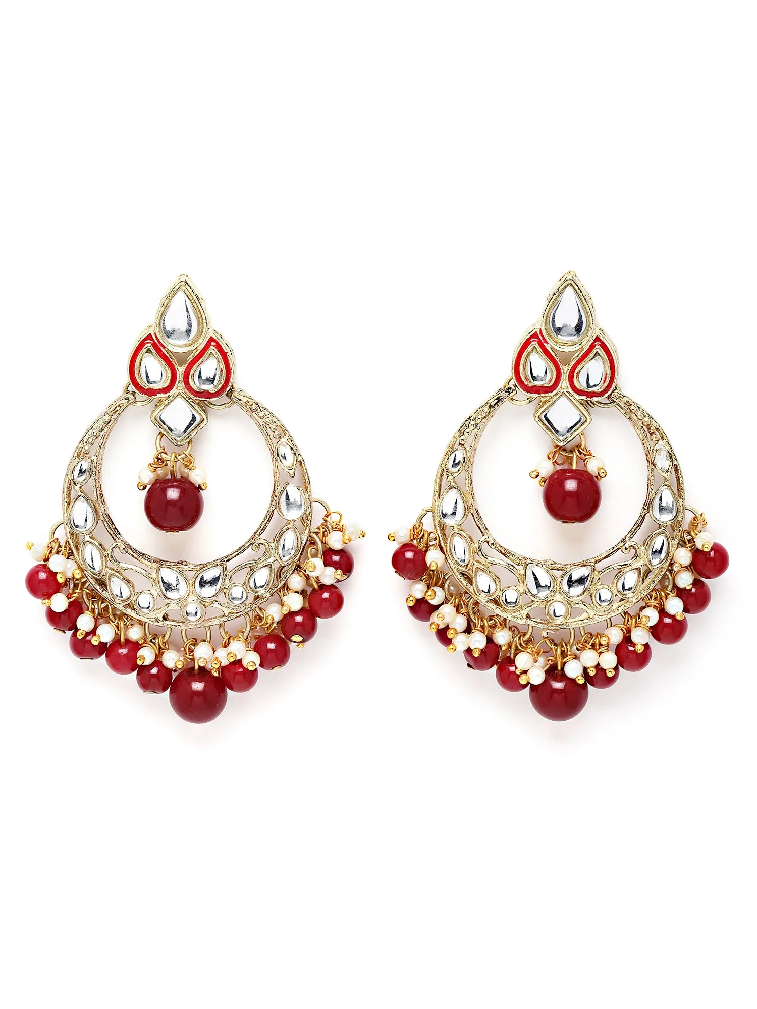 Karatcart Gold Plated Red Beads Studded Kundan Chandbali Earrings for Women