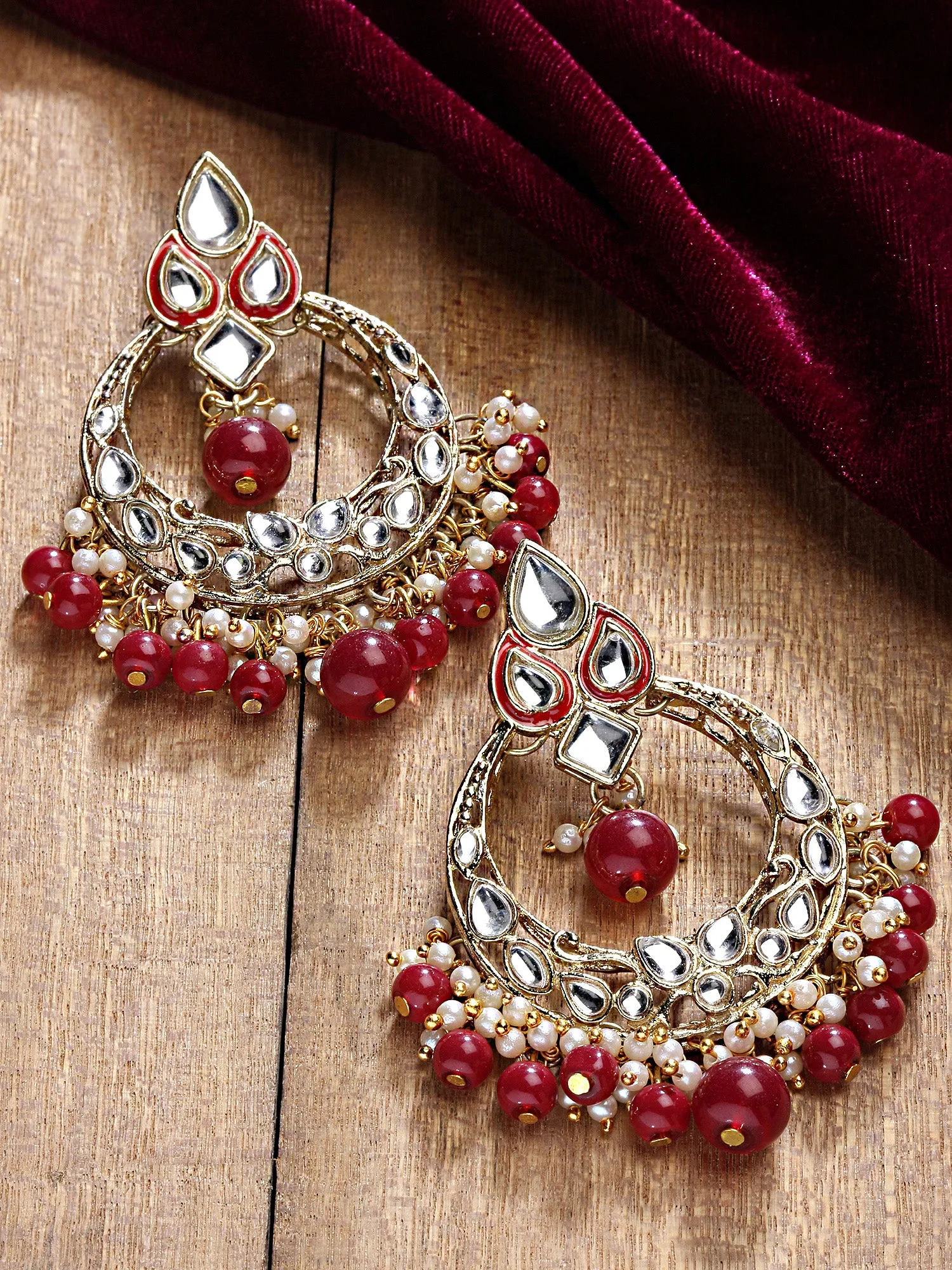 Karatcart Gold Plated Red Beads Studded Kundan Chandbali Earrings for Women