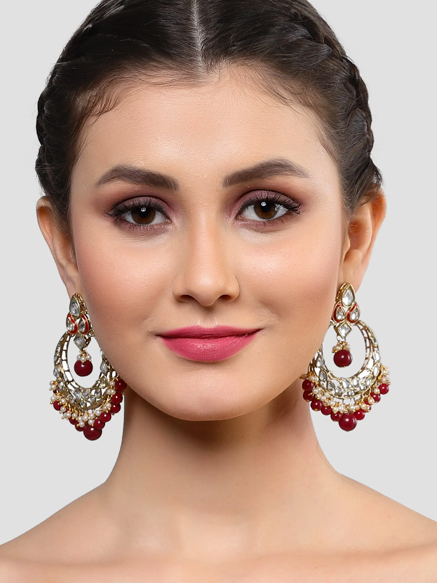 Karatcart Gold Plated Red Beads Studded Kundan Chandbali Earrings for Women