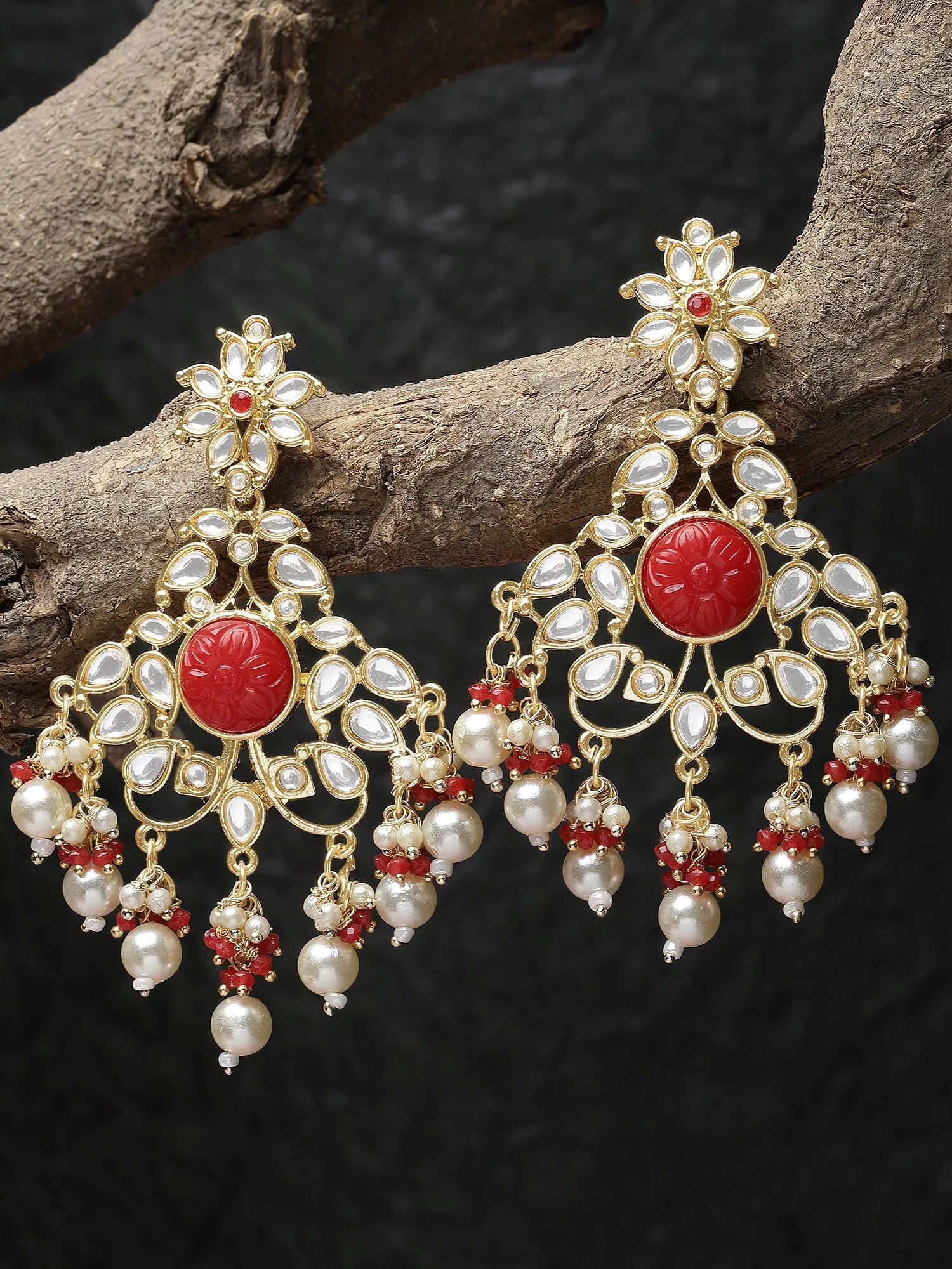 Karatcart Gold Plated Red Carved Stone Kundan Dangler Earrings for Women