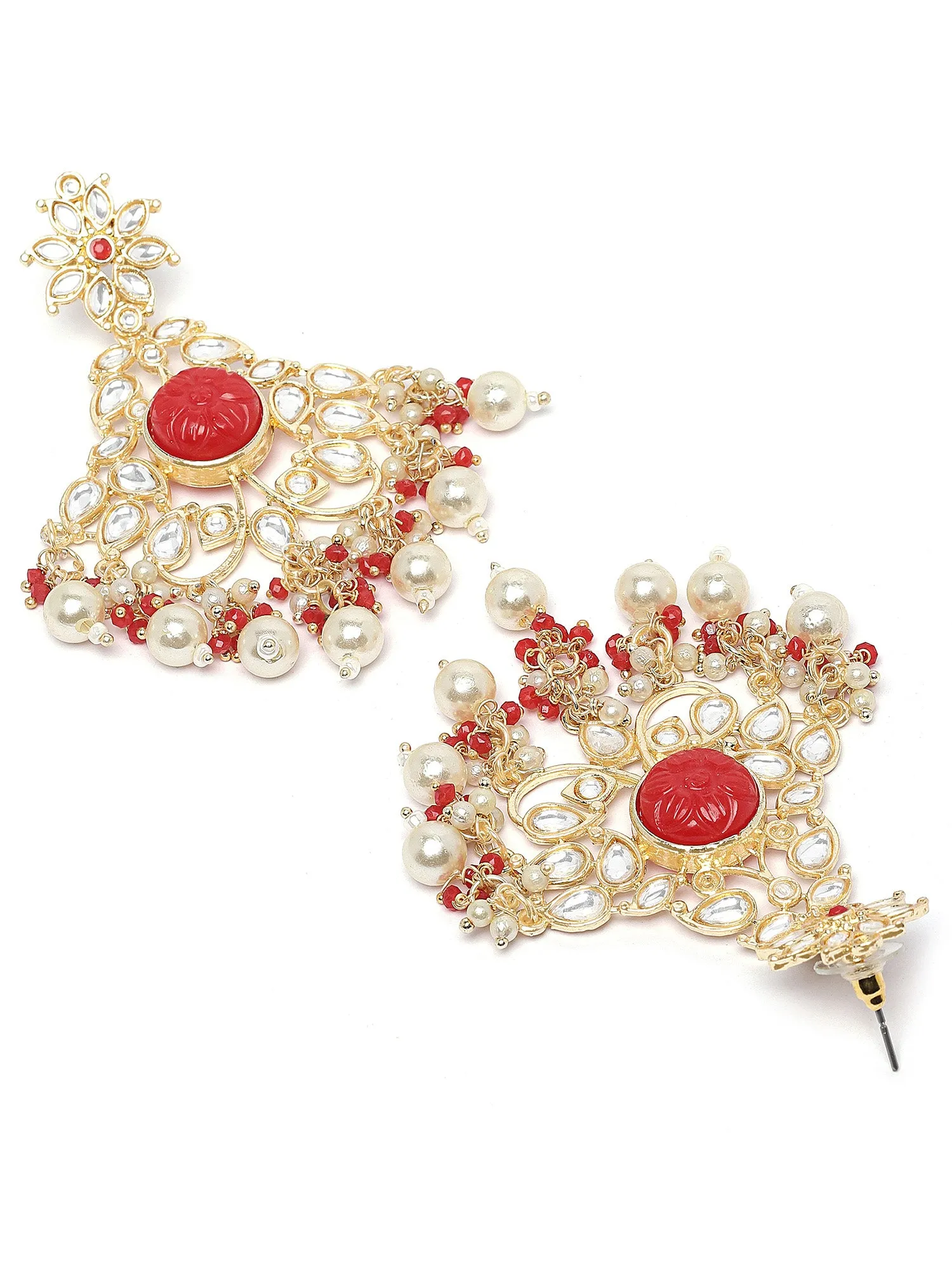 Karatcart Gold Plated Red Carved Stone Kundan Dangler Earrings for Women